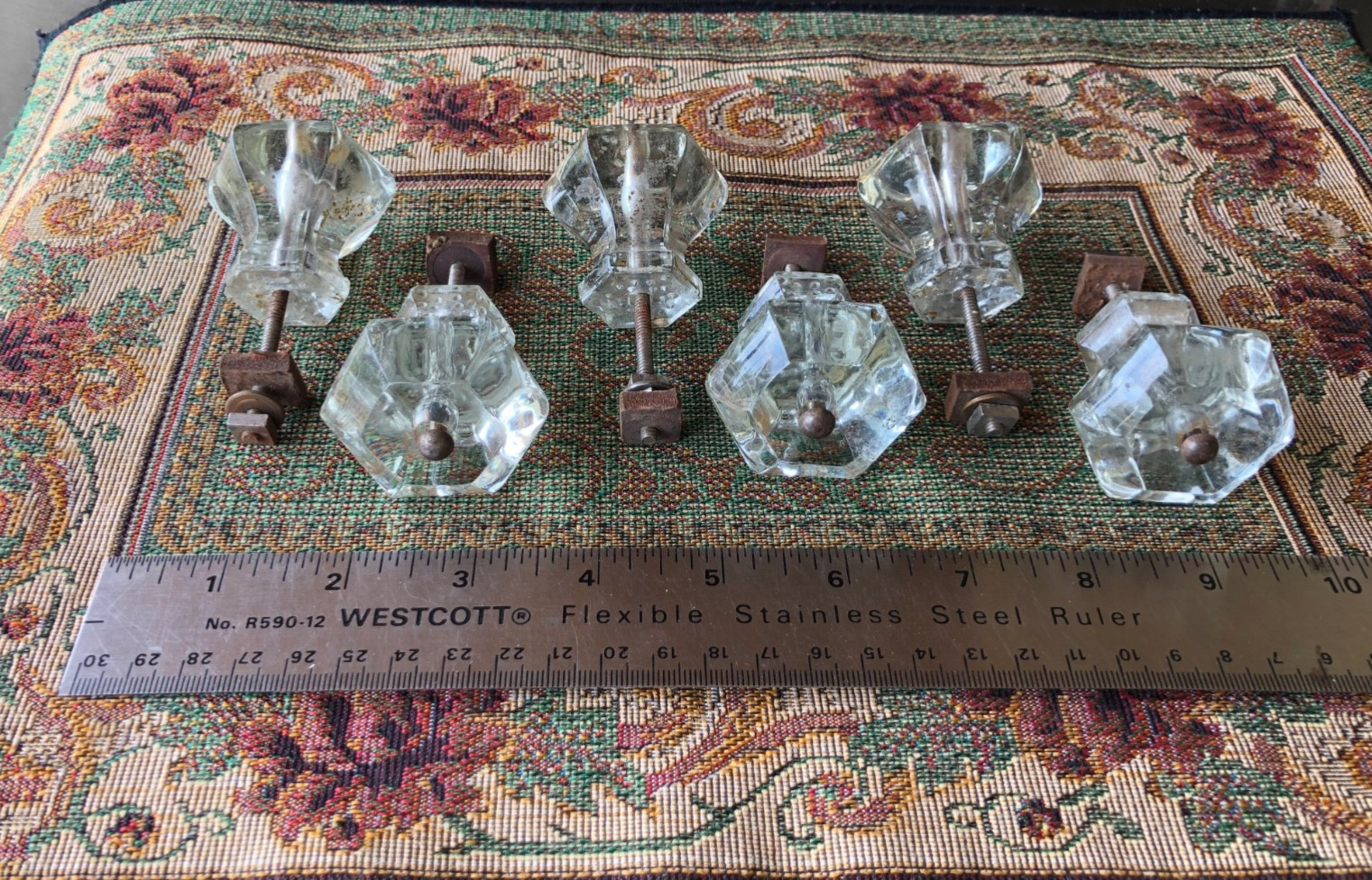 Lot of 6 Vintage 6~Sided Hexagonal Clear Glass Drawer Knobs 1.5″ w/ Hardware