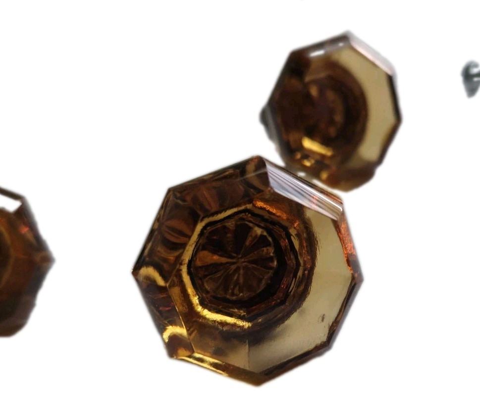 Lot Of 5 Vintage Amber Glass Cabinet/Drawer Knobs Octagon Crystal Dresser Pulls