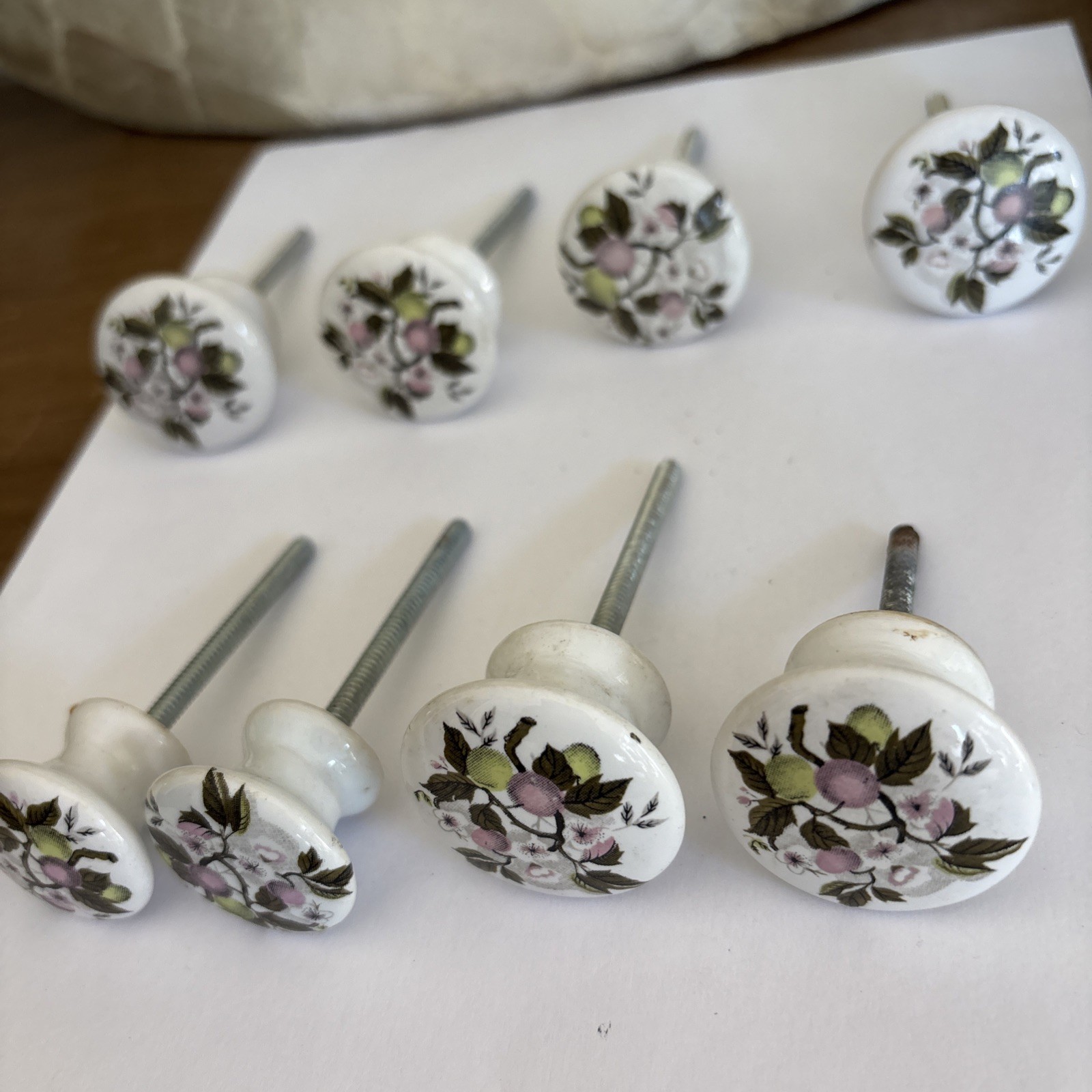 Vtg Porcelain Pulls/Knobs, White Painted Cherry Blossom Floral Design~Lot of 8