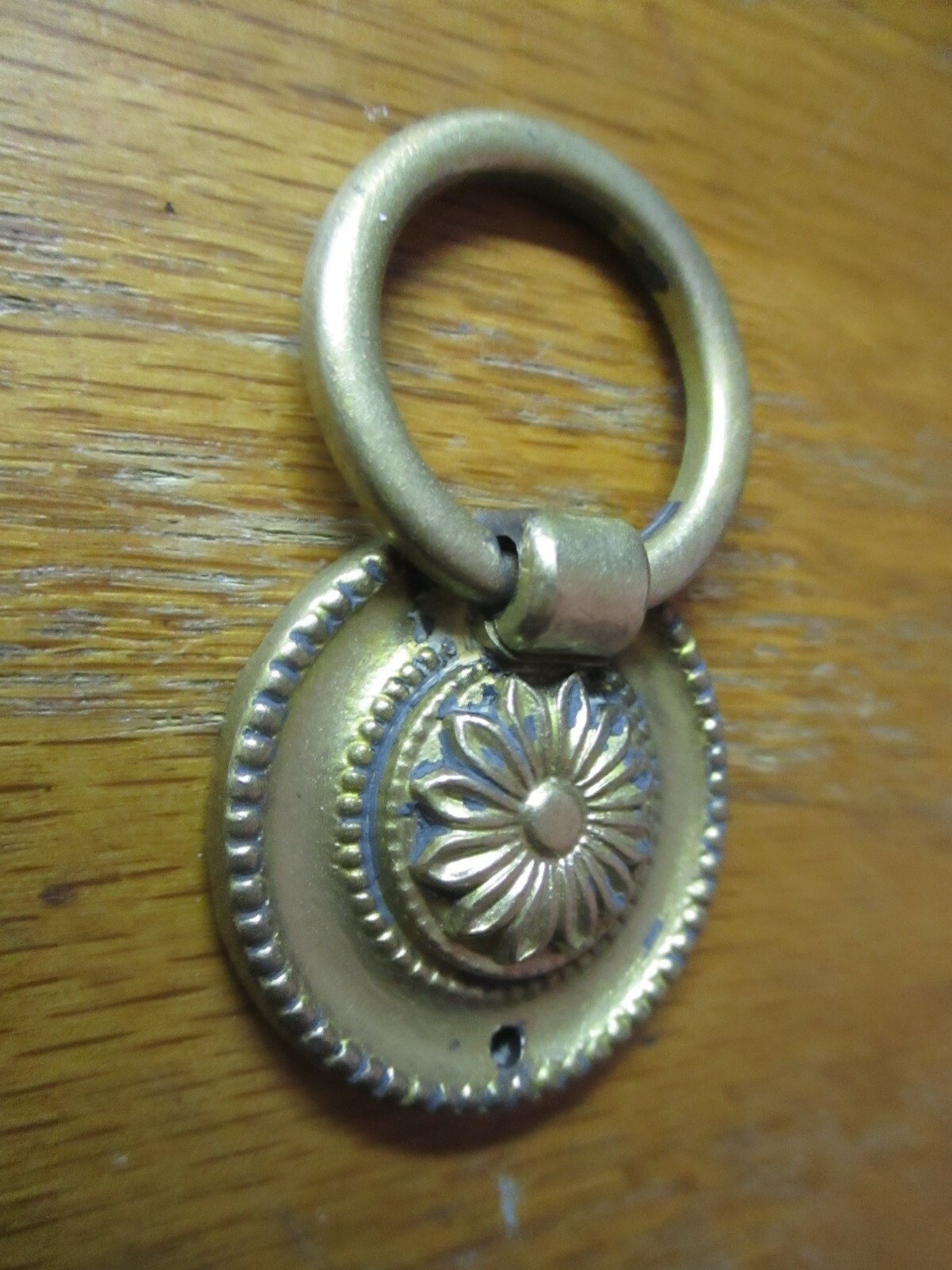 Solid Cast Brass 1850s Floral Drop Ring Pull Handle Flower 1-1/4″ Round Antique