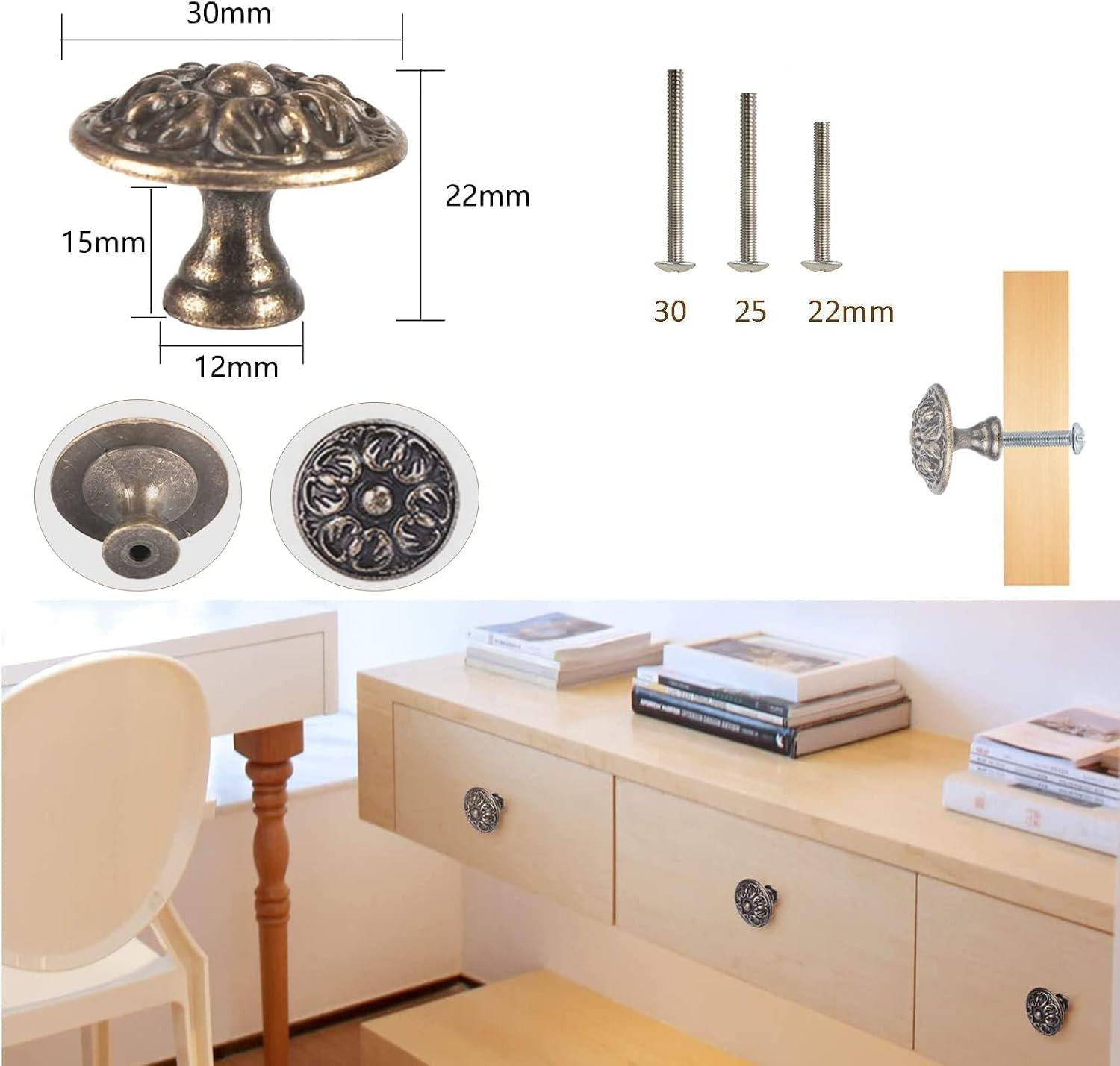 4Pc Antique Bronze Cabinet Knobs Vintage 30Mm