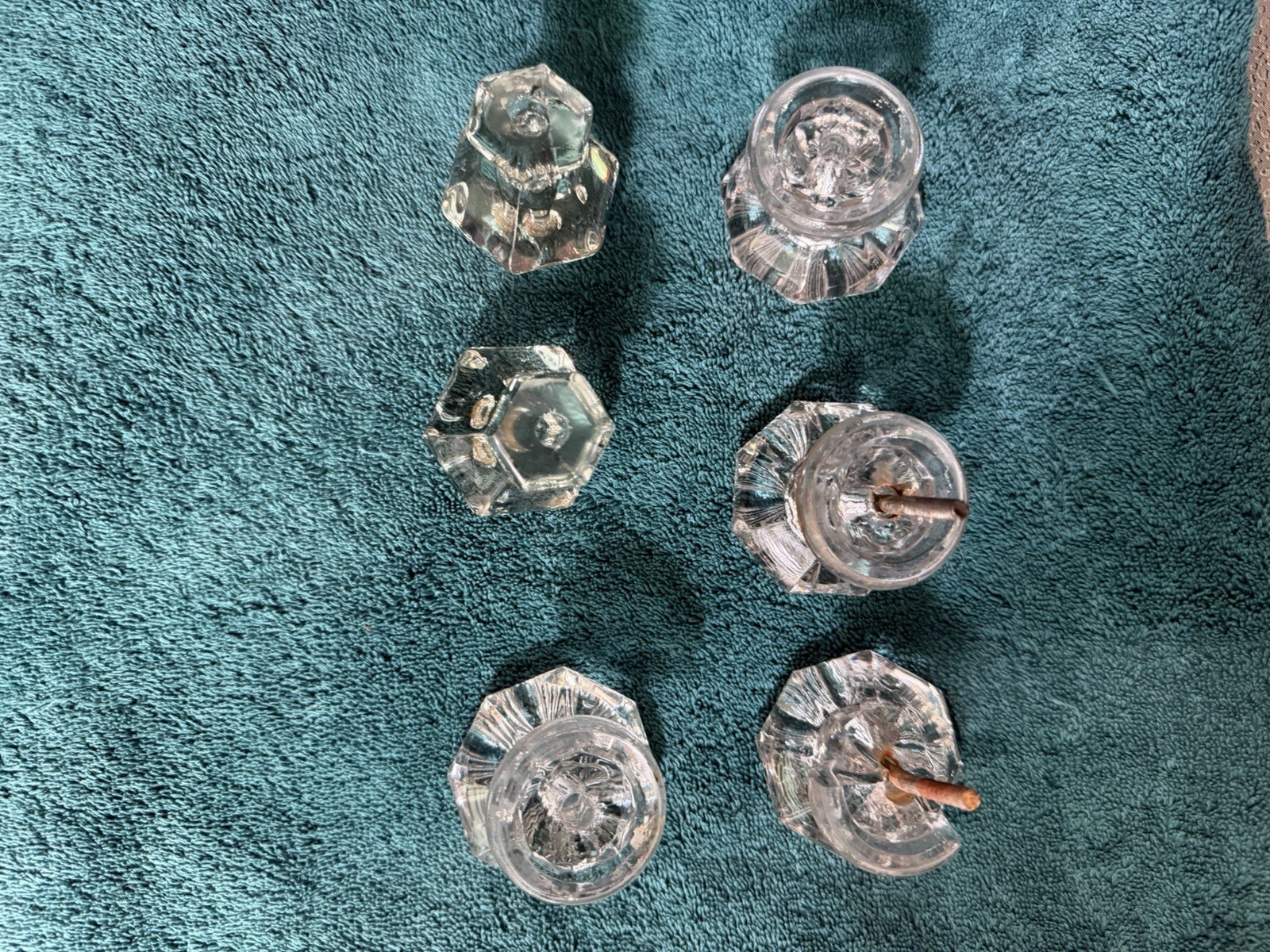 6 small Vintage Clear Glass Cabinet Pulls Knobs Antique 2 Hexagon 4 Octagon