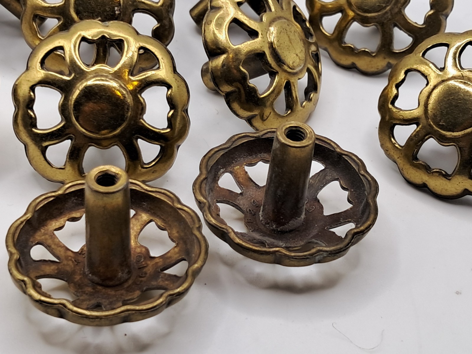 12 Vintage Drawer Knob Ornate Floral Brass Tone Floral Cut-Out Round 1.75″