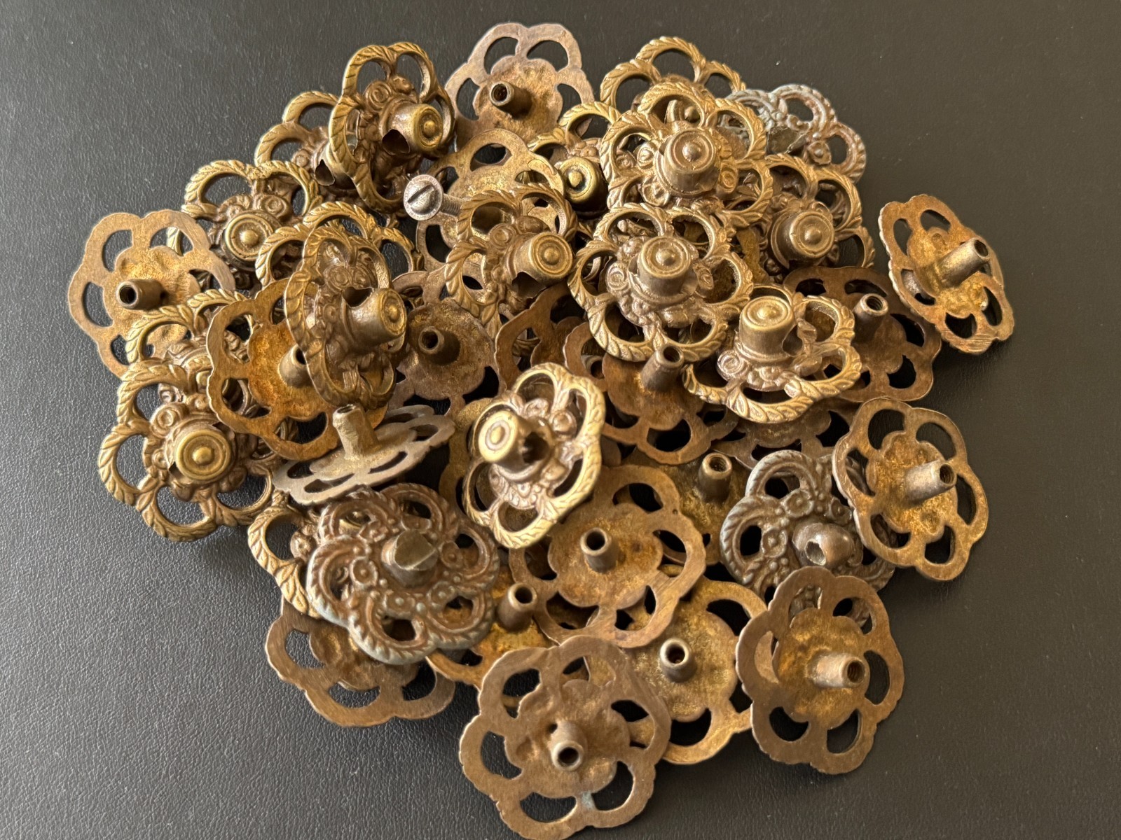10 Vintage Antiqued Brass Furniture Drop Bail Drawer Pull Mounts / Backplates