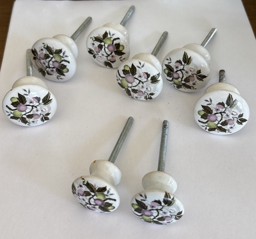 Vtg Porcelain Pulls/Knobs, White Painted Cherry Blossom Floral Design~Lot of 8