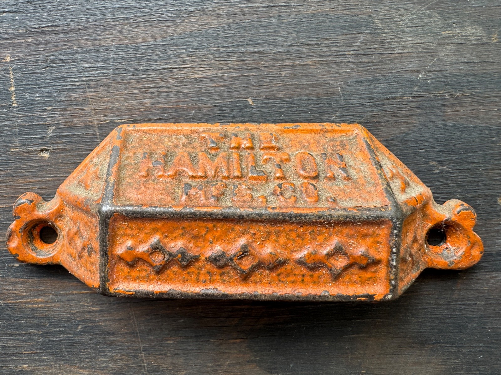 Beautiful Orange Antique cast Iron type tray HANDLE pull THE HAMILTON MFG. CO.