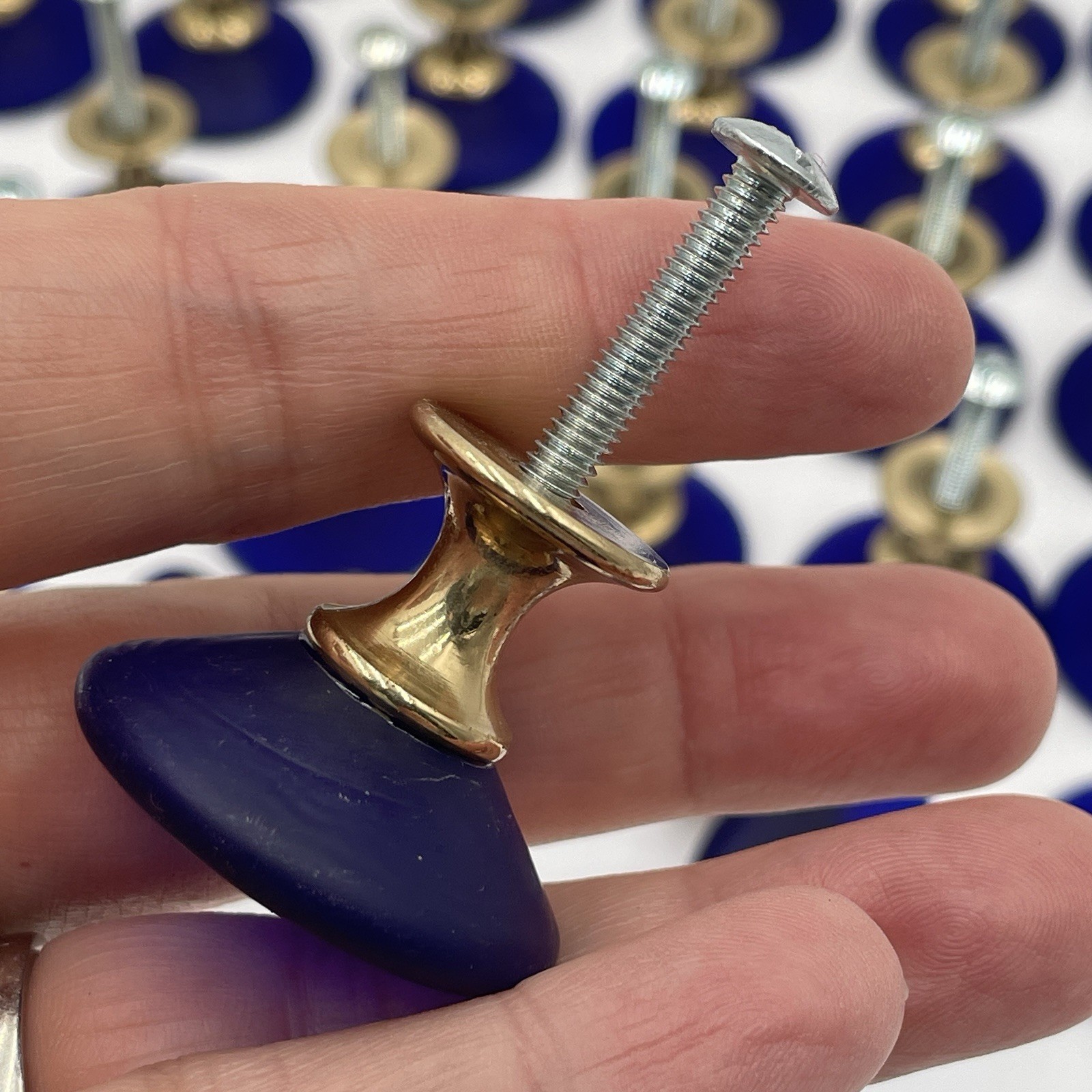 Cobalt Blue Frosted Glass & Brass Deco Cone Knob Drawer Pull 1-3/8 Laurey (45)