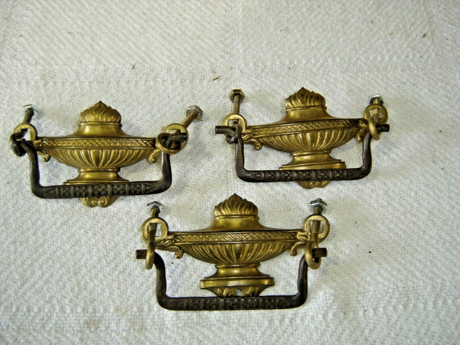 Antique ~ Salvage ~ 3 Stamped Brass Pulls w/ Urn Design ~ Cast Iron Bales #1308