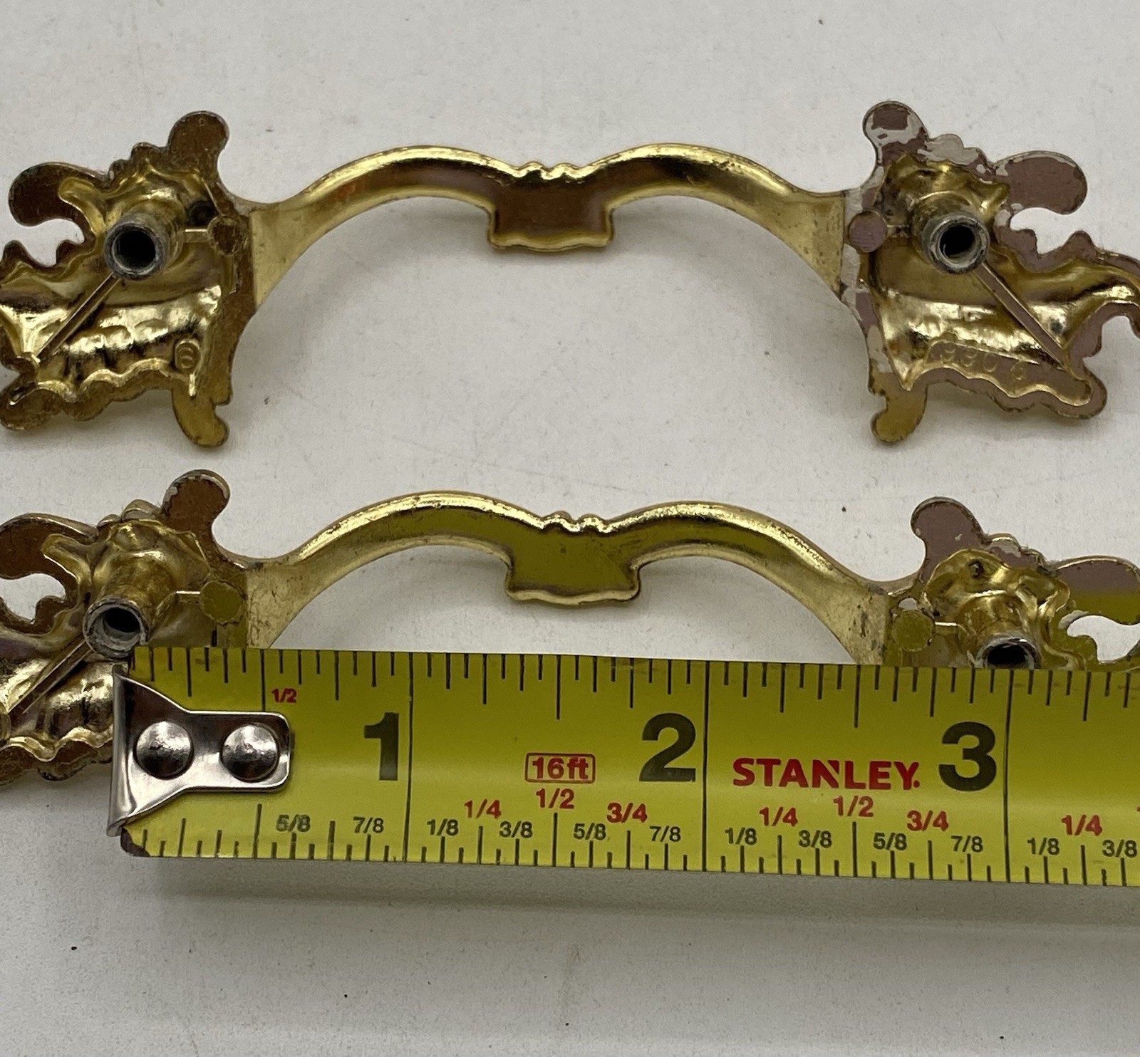 PAIR Vintage MCM Ajax Drawer Pulls Handles Scroll White Gold Ornate Hardware 990