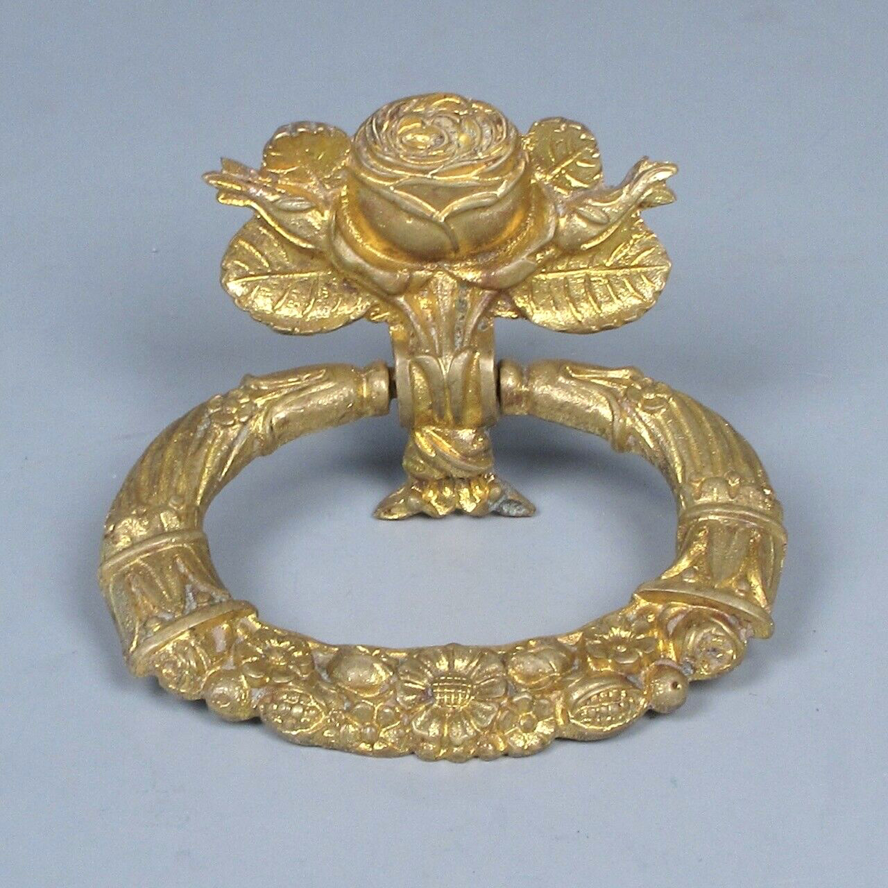 Antique French Gilded Bronze Drawer Pull, Flowers, Roses, Cornucopia