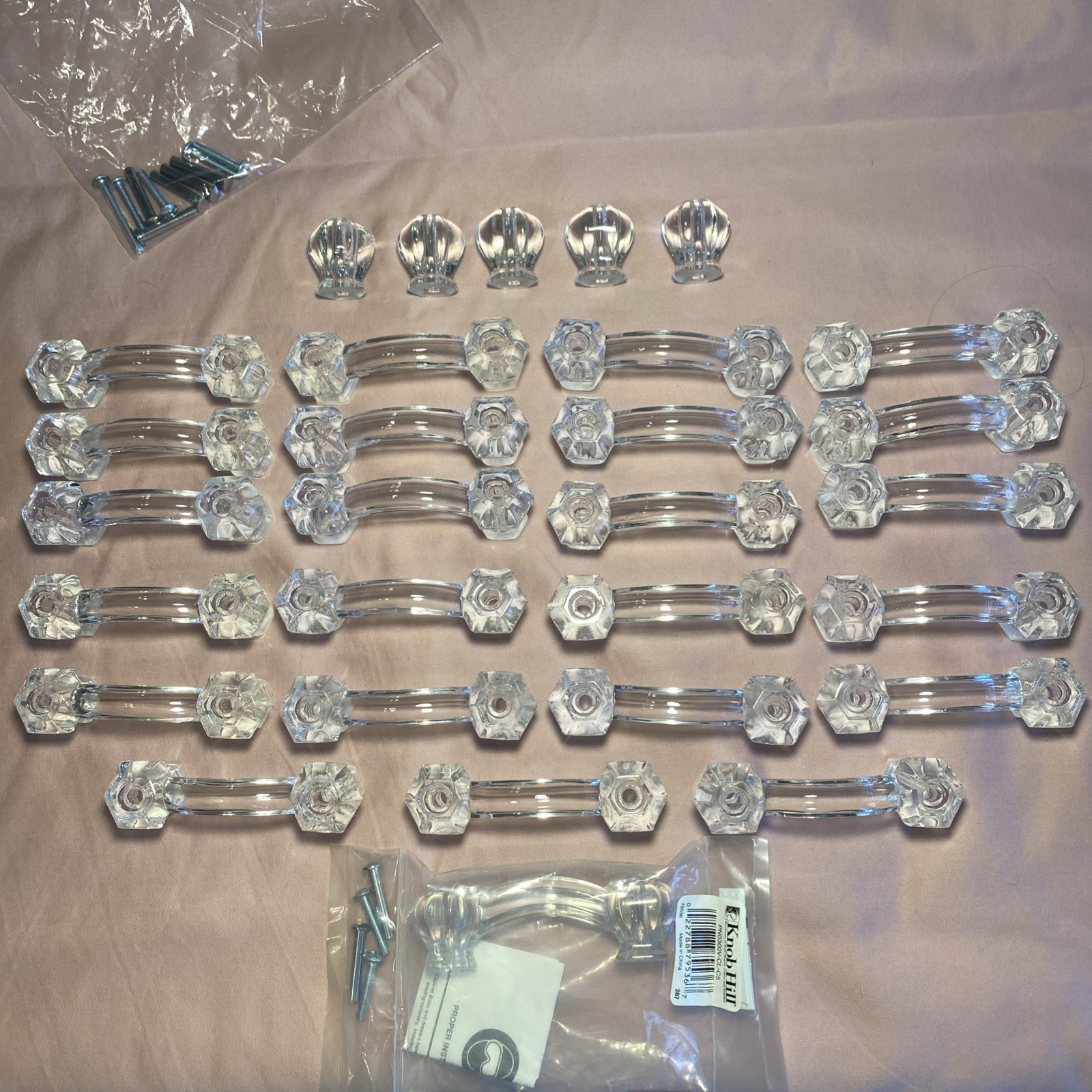 24 3″ Knob Hill Clear Glass Hexagon Drawer Pulls Handles & 5 Knobs