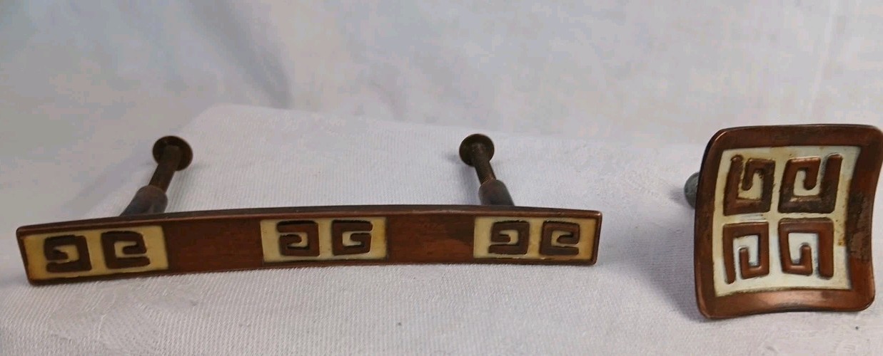 Vtg Set 2 Drawer Pull Handle + Knob Copper Enamel Asian Greek 3″ Centers MCM