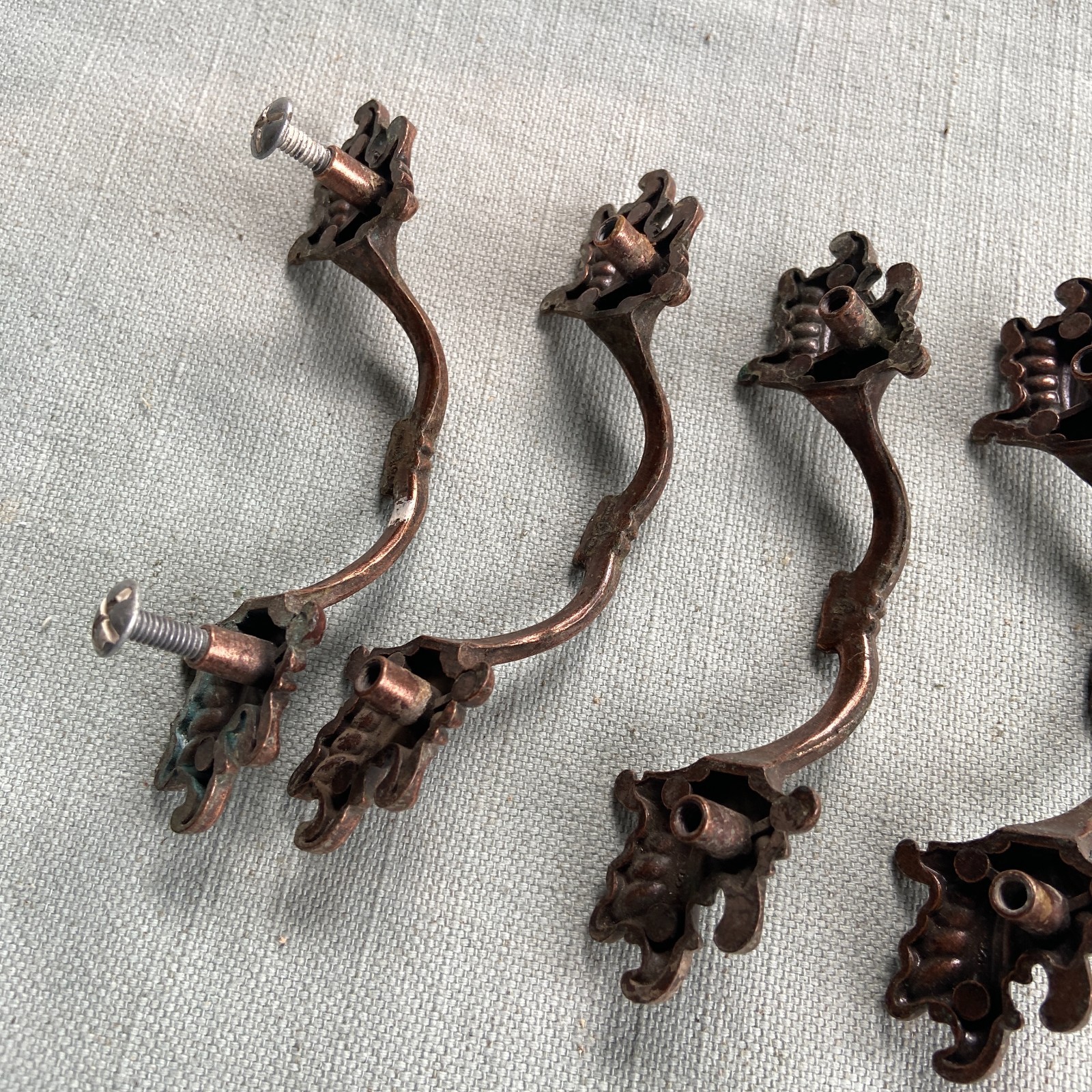 7 Vintage French Provincial Scalloped Leaf Drawer Pulls Brass 3″ 11 Screws Missi