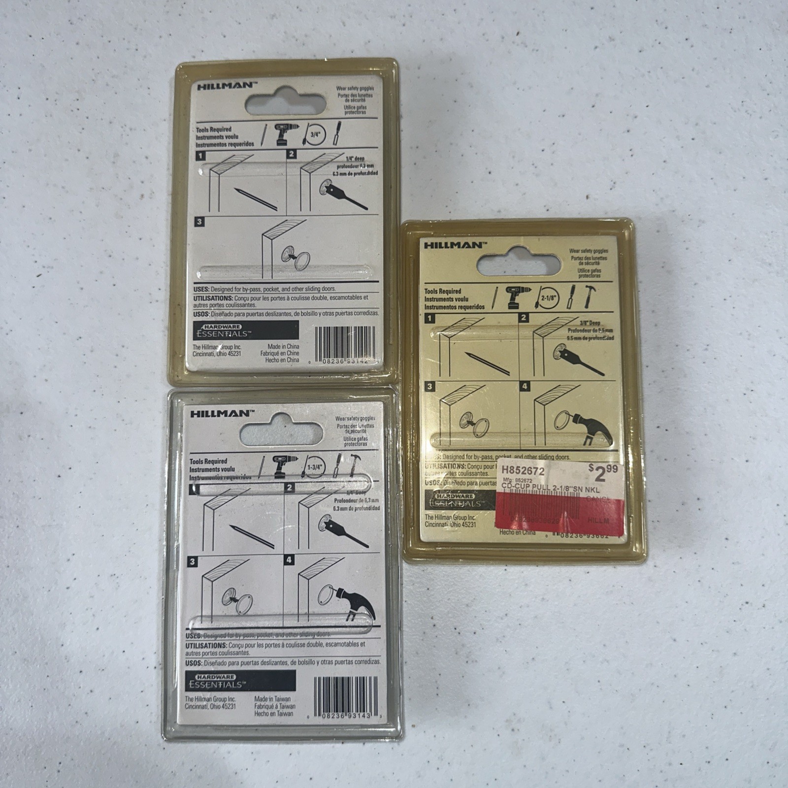 Cup Pull 2-3/4” Nickel, 2-3/4” Brass, 2- 1 3/4” Brass, 2- 2 1/8” Nickel