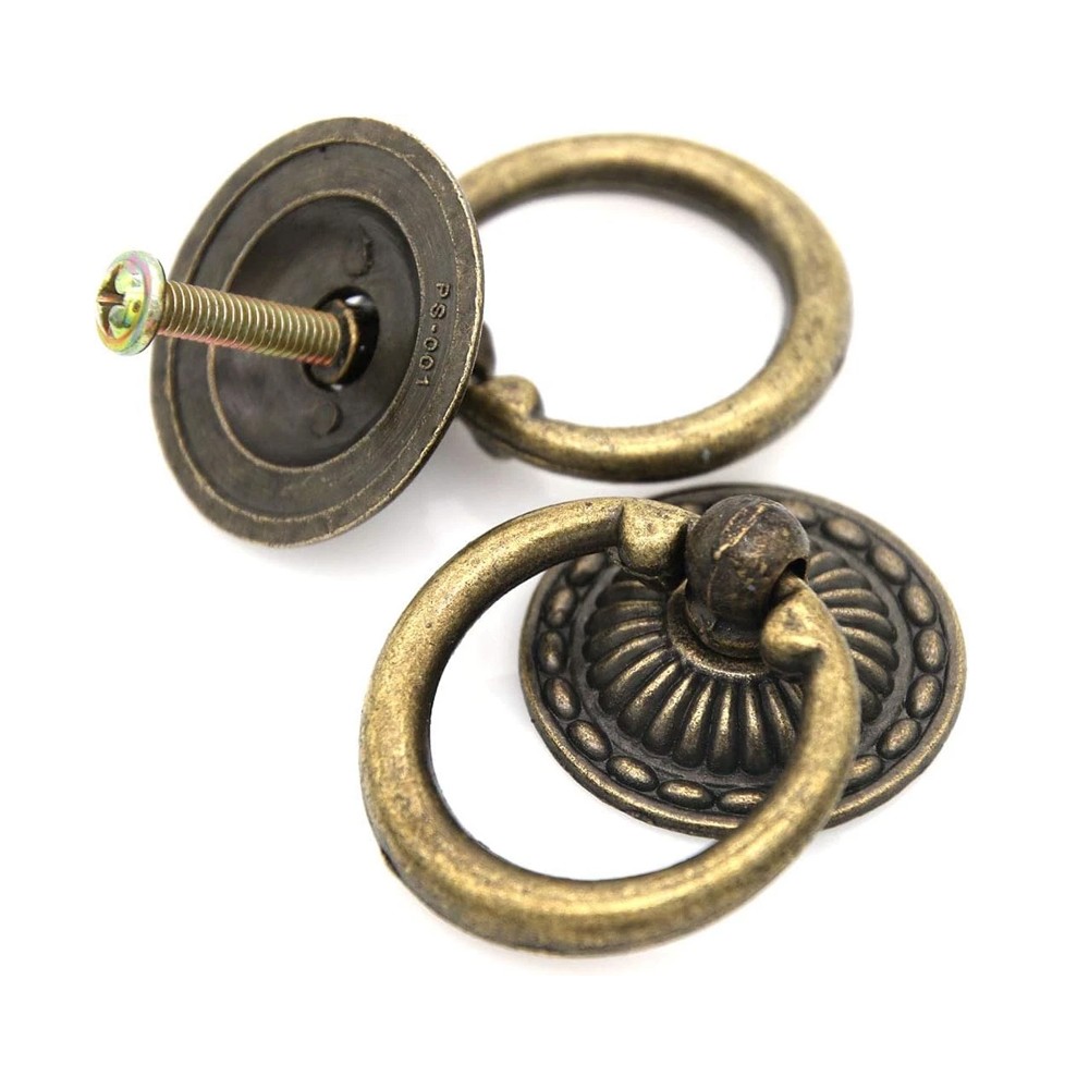 10x Vintage Antique Brass Ring Pulls Handles for Cabinet Drawer