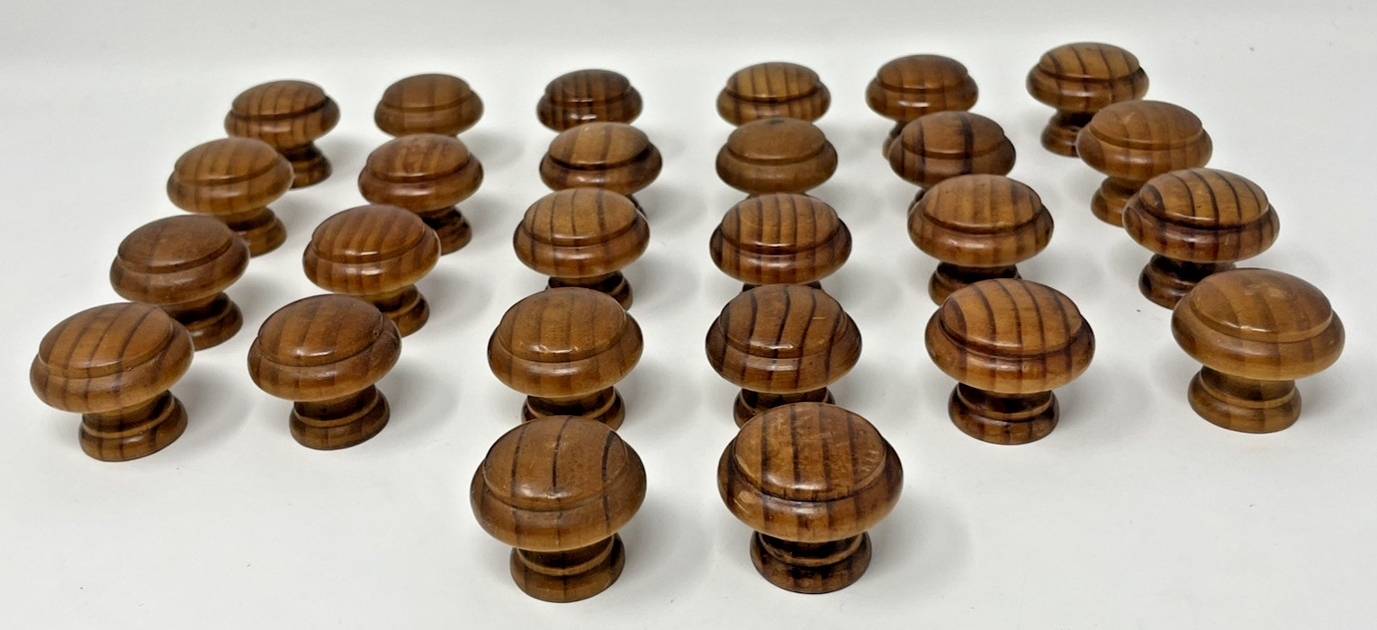 Vtg Lot of 26 Round Wood Drawer Cabinet Knobs Pulls Mushroom 1 1/2″ w 1″ Screws