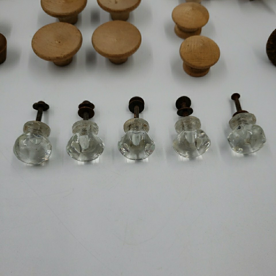 Vintage Lot of 28 Crystal Glass Wood Drawer Cabinet Pulls Knobs Handles Salvage