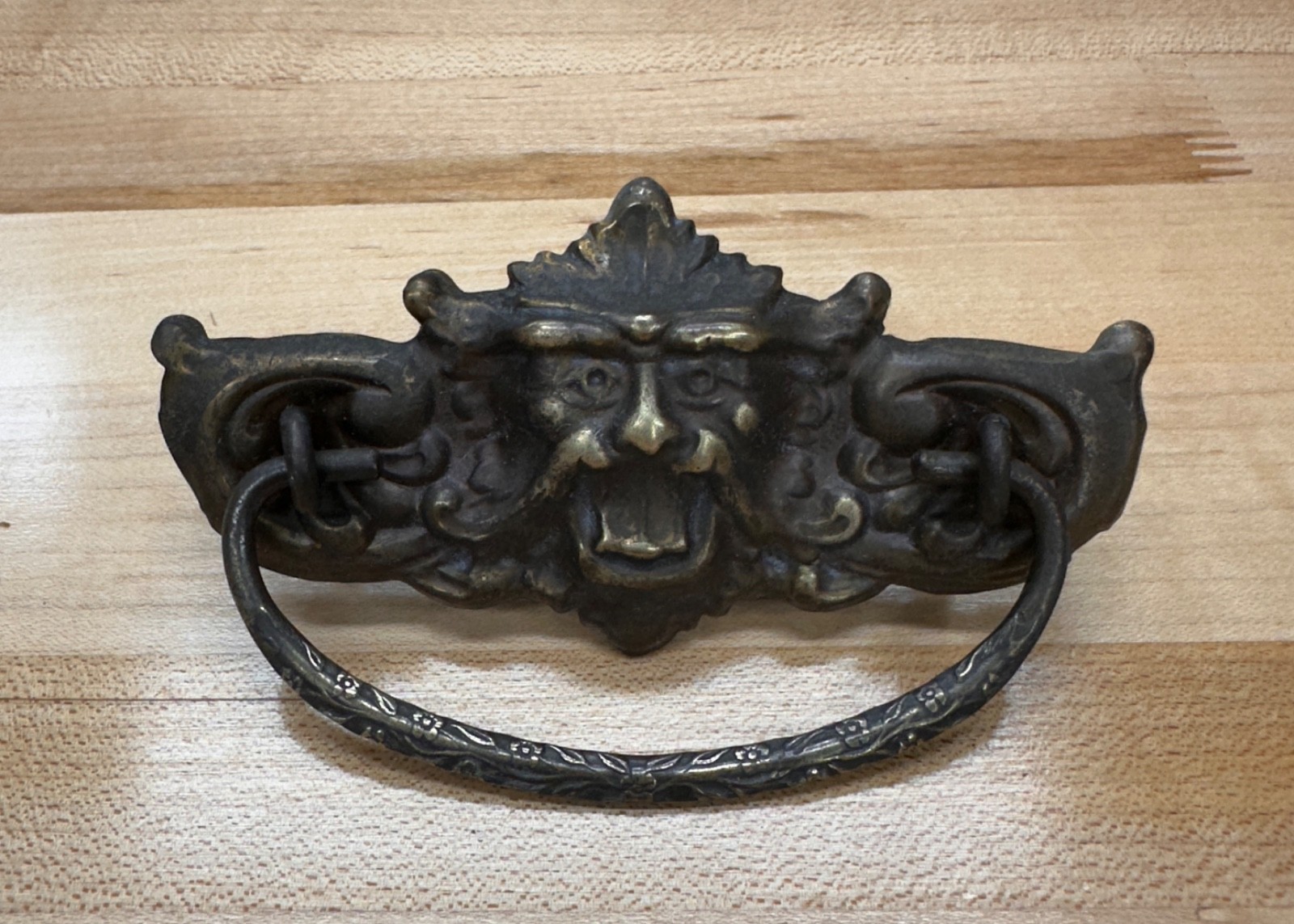 Antique North Wind Lion Face Pressed Brass Drop Bail Dresser Drawer Pull