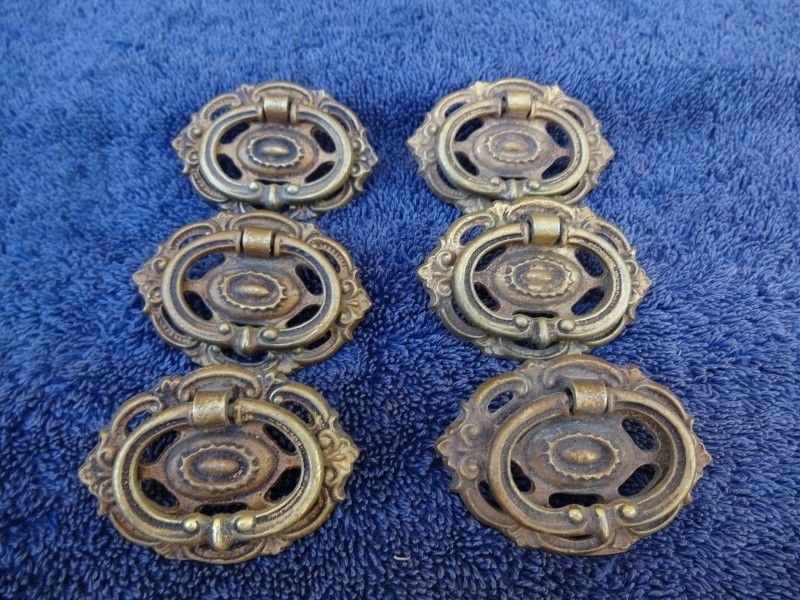 Vintage KBC Cast Brass Ornate Drop Bail Drawer Pulls Set of 6- 2in. x 1.25in.