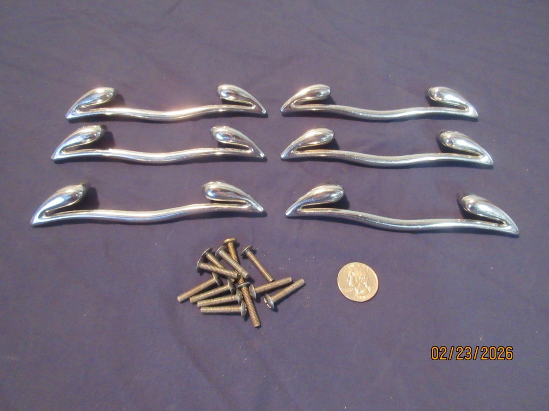 Set of 6 Cool Vintage 1960’s to 70’s Dresser Drawer Pulls Handles Solid Nickel
