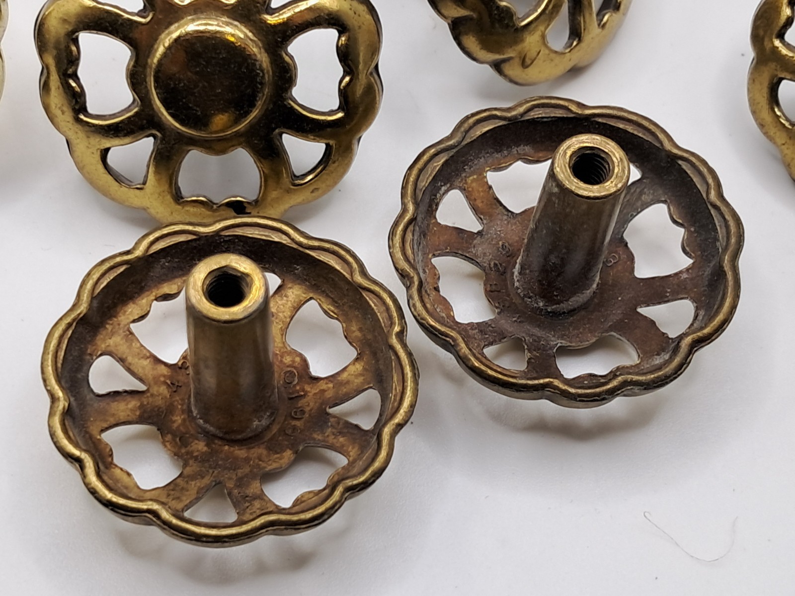12 Vintage Drawer Knob Ornate Floral Brass Tone Floral Cut-Out Round 1.75″