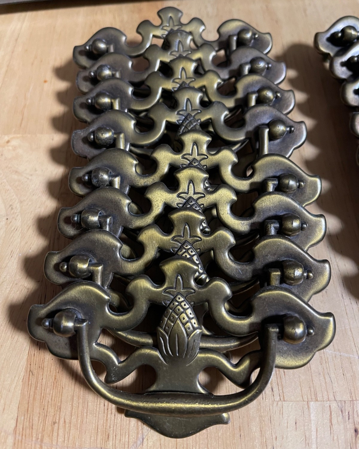 16 Pc VTG Bassett Aged Brass Pineapple Drop Bail Drawer Pull Handles w/ Screws