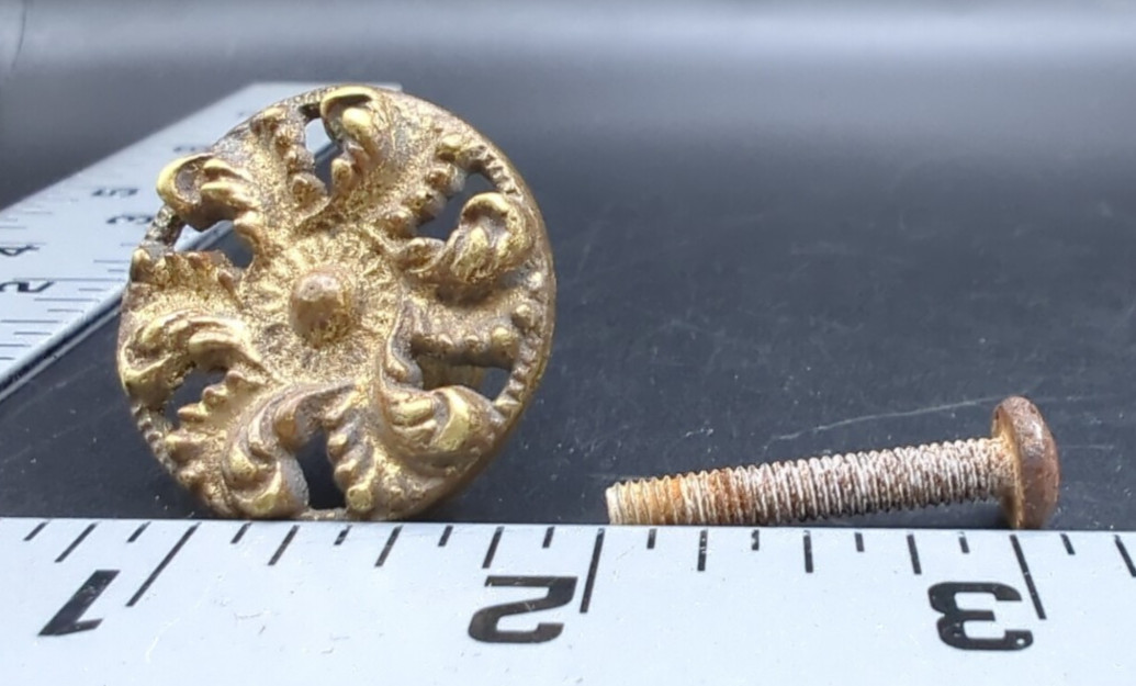 Antique Cast Brass Drawer Knob Pull Ornate Brass Raised Relief Design w/screw