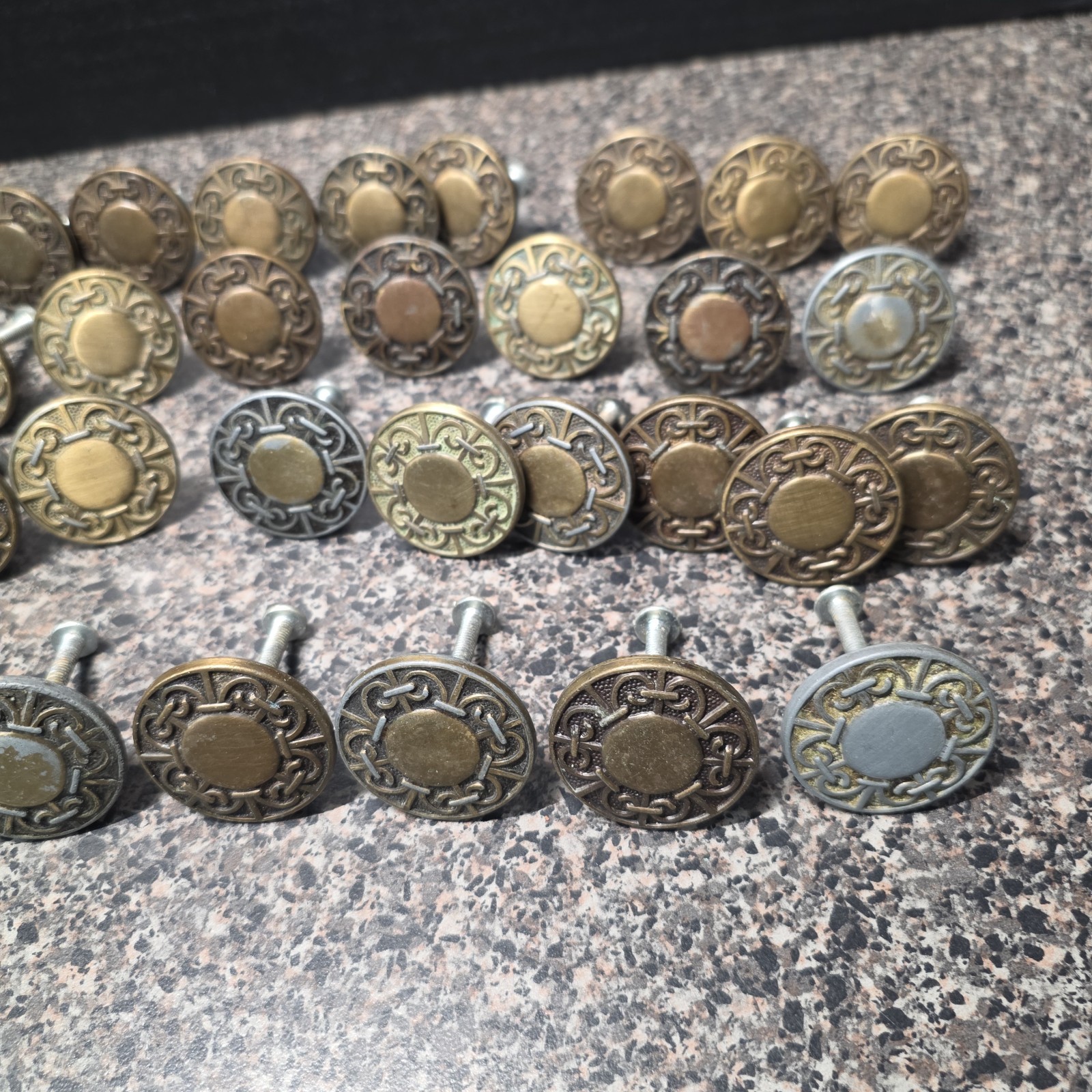 Vintage 1960s Amerock Carriage House Cabinet Knobs Lot Of 29 Mixed Finish 1-3/8″