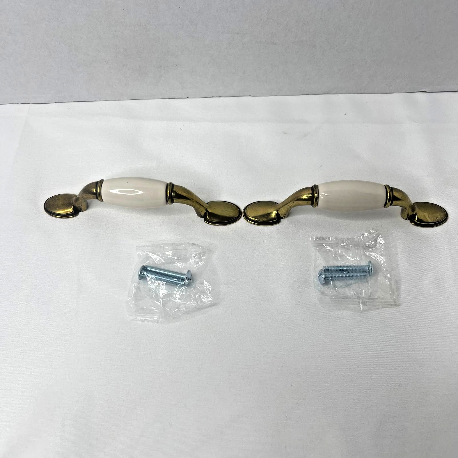 Set of 2 Vintage Drawer Pulls Brass & Off- White Ceramic Handles w Screws