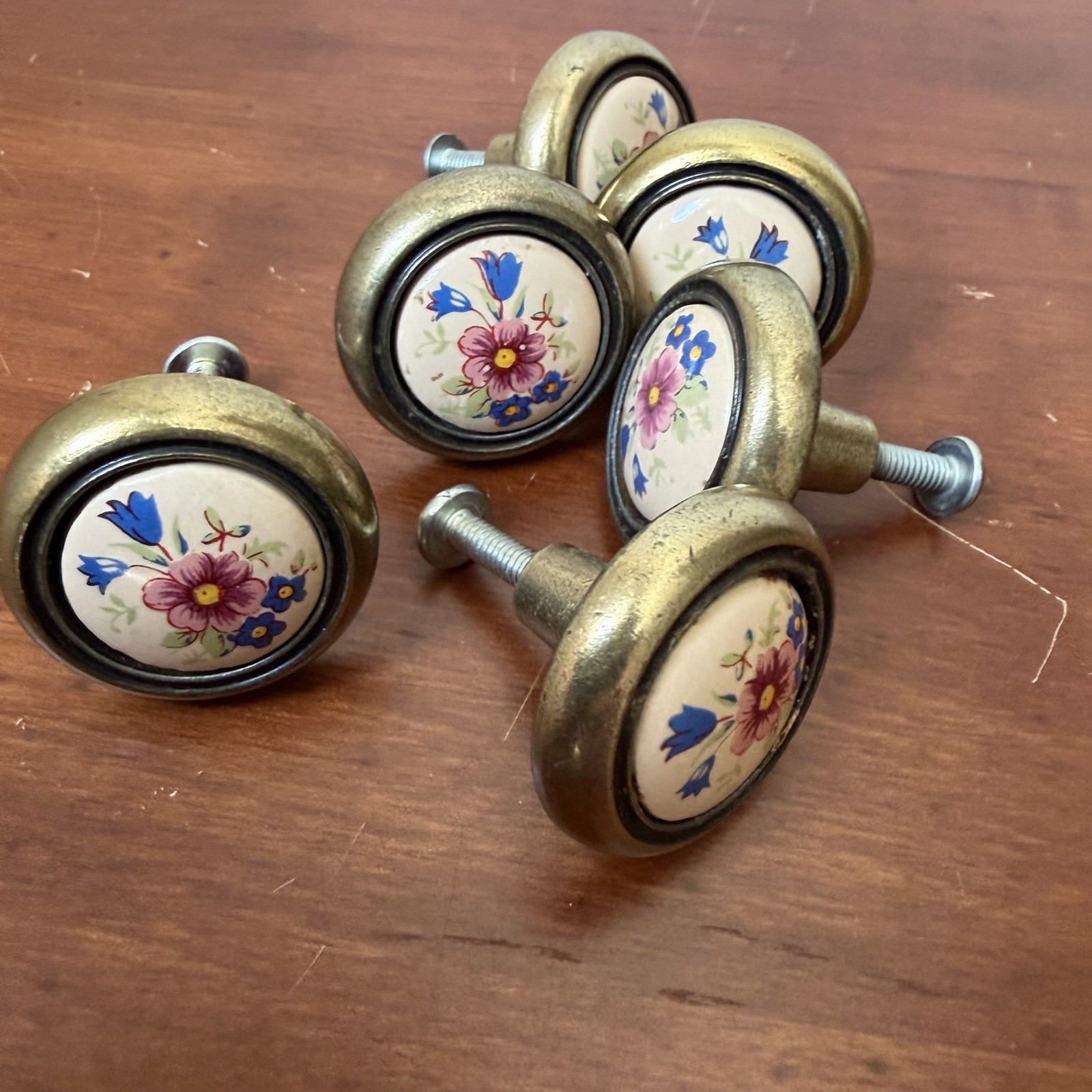 6 Vintage Amerock Brass & Porcelain Pink Blue Floral Drawer Pulls Cabinet Knobs