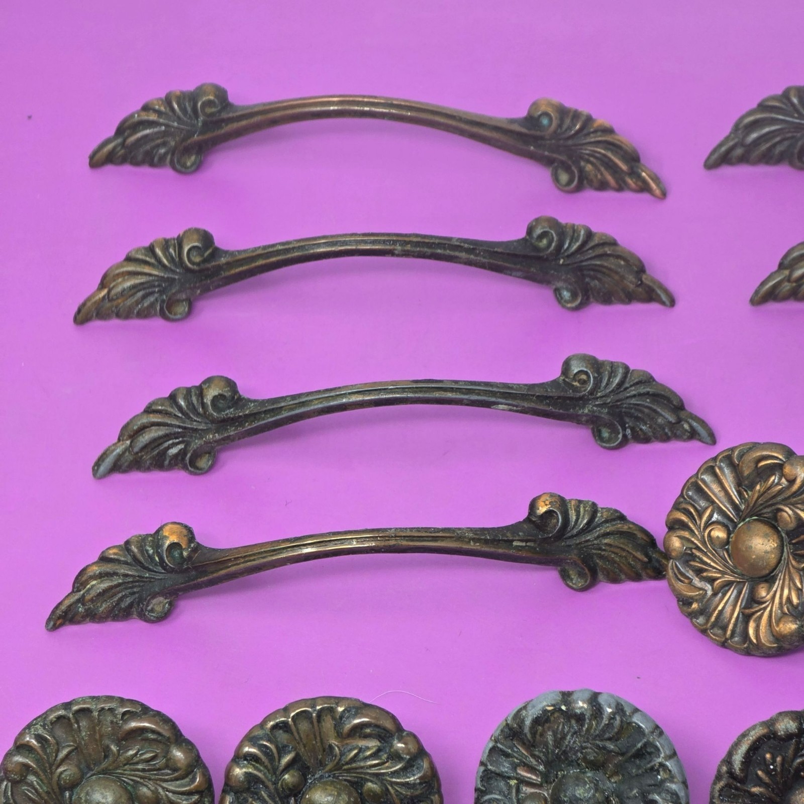 Set Of Vintage Brass Drawer Knobs & 6 Handles With Ornate Floral Design