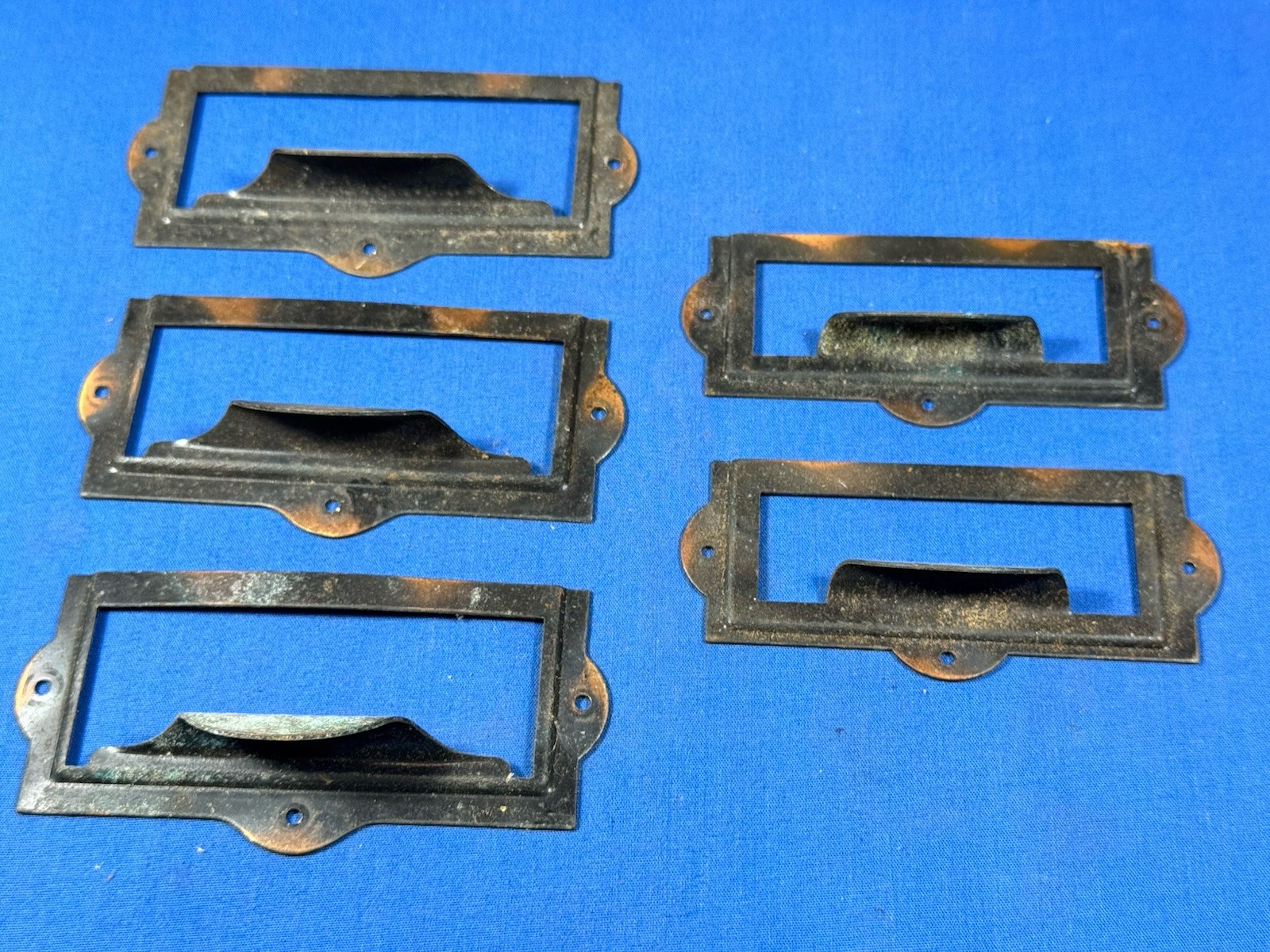 Vintage Japanned Drawer Pulls & Label Holder Plate Library , Apothecary Cabinet