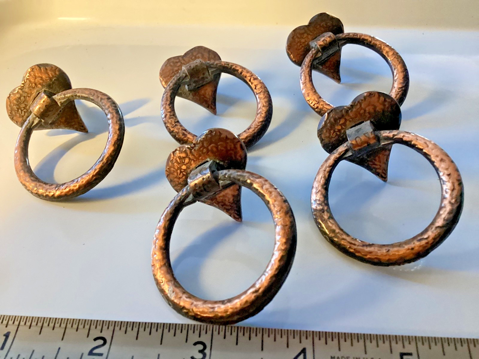 Lot of 5 Vintage Copper Heart Ring Drawer Finger Pull Cabinet Handle Amerock