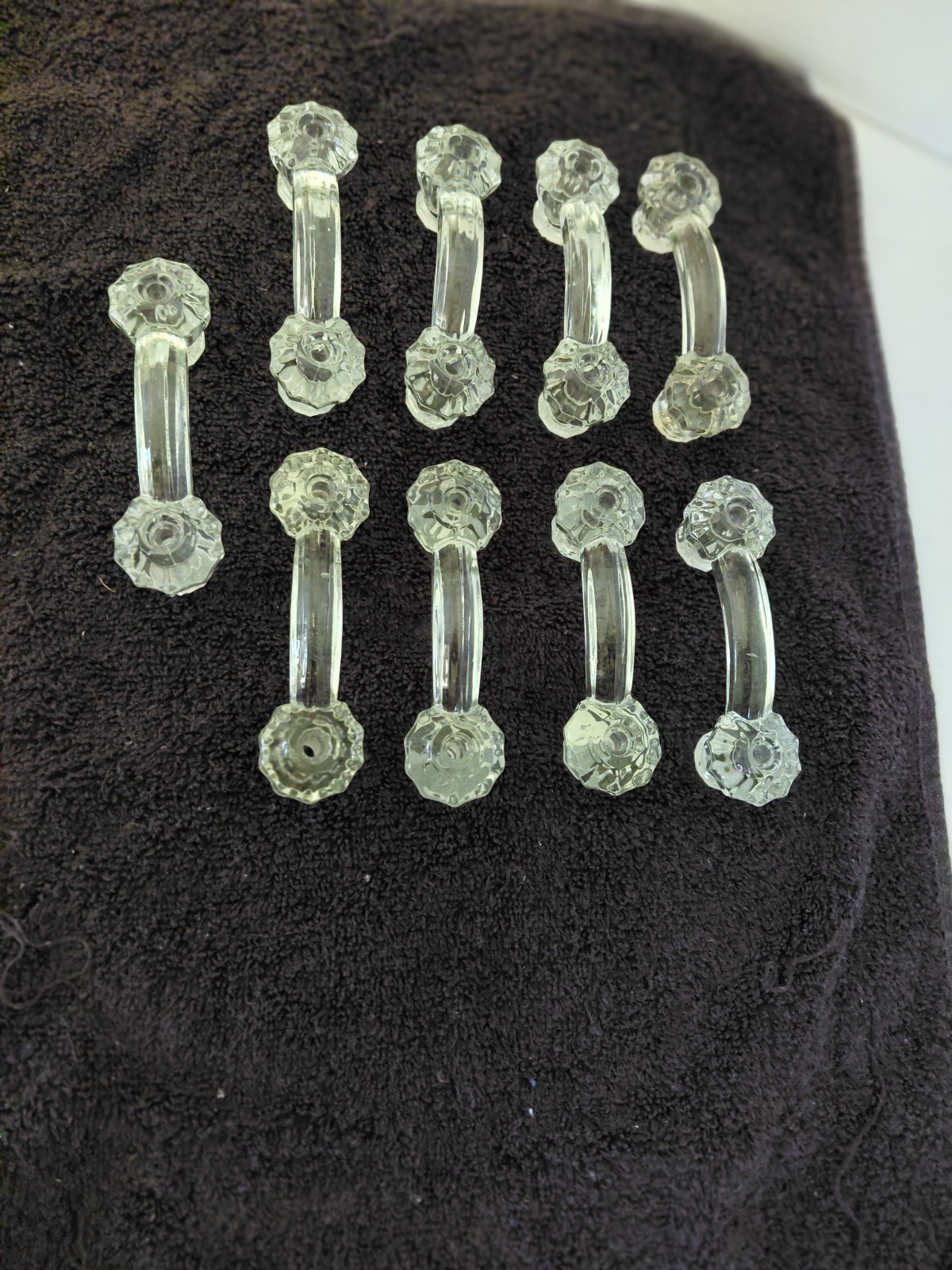 ANTIQUE CLEAR GLASS DRAWER PULLS – LOT OF 9 – 4″ WIDE – 1920’S