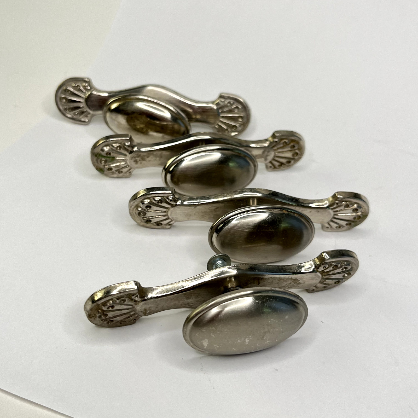 Four Vintage Drawer Pulls Handles Lot of Oval Knobs brushed nickel plate C