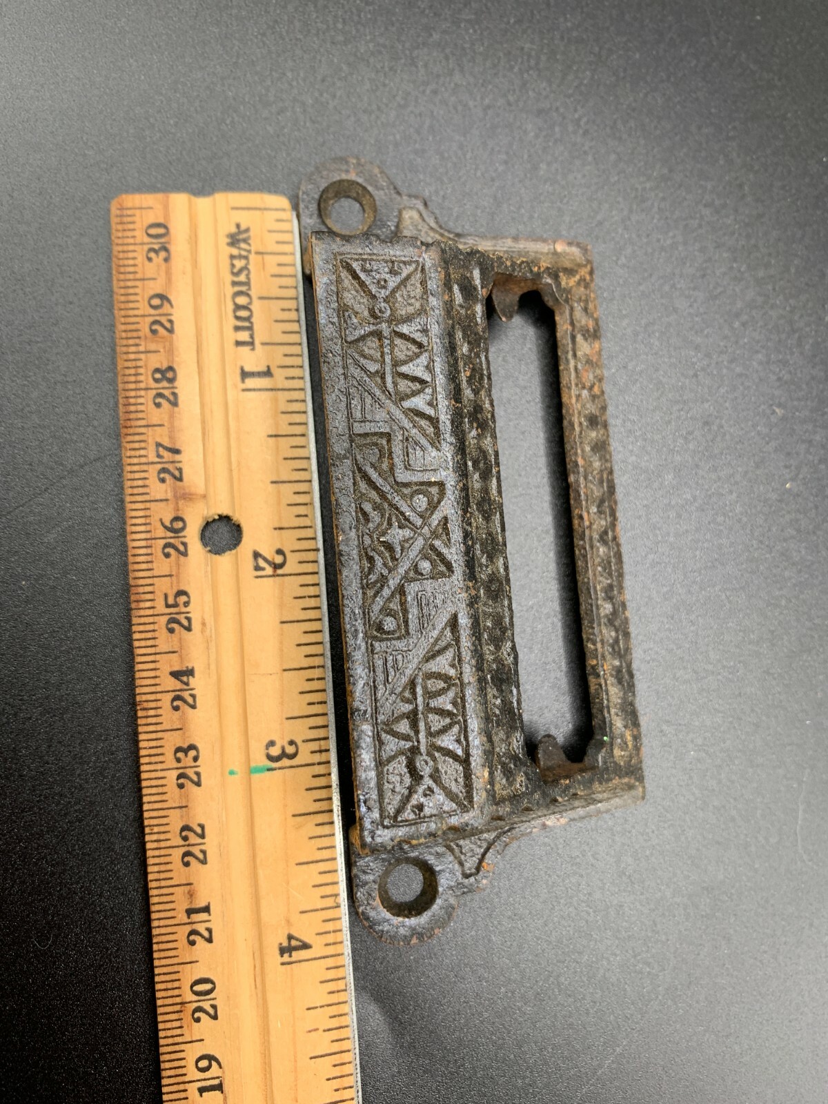 Antique Ornate Eastlake rectangular drawer handle pull with window cast Brass