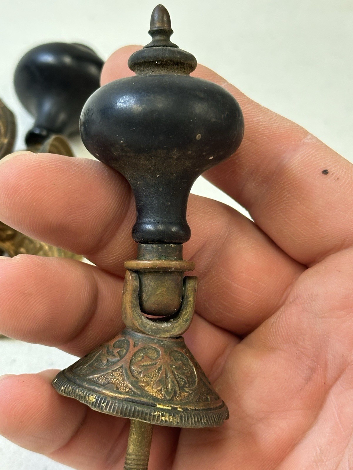 Antique Victorian Eastlake Teardrop Pulls – Set of 6 Black Wood & Ornate Brass