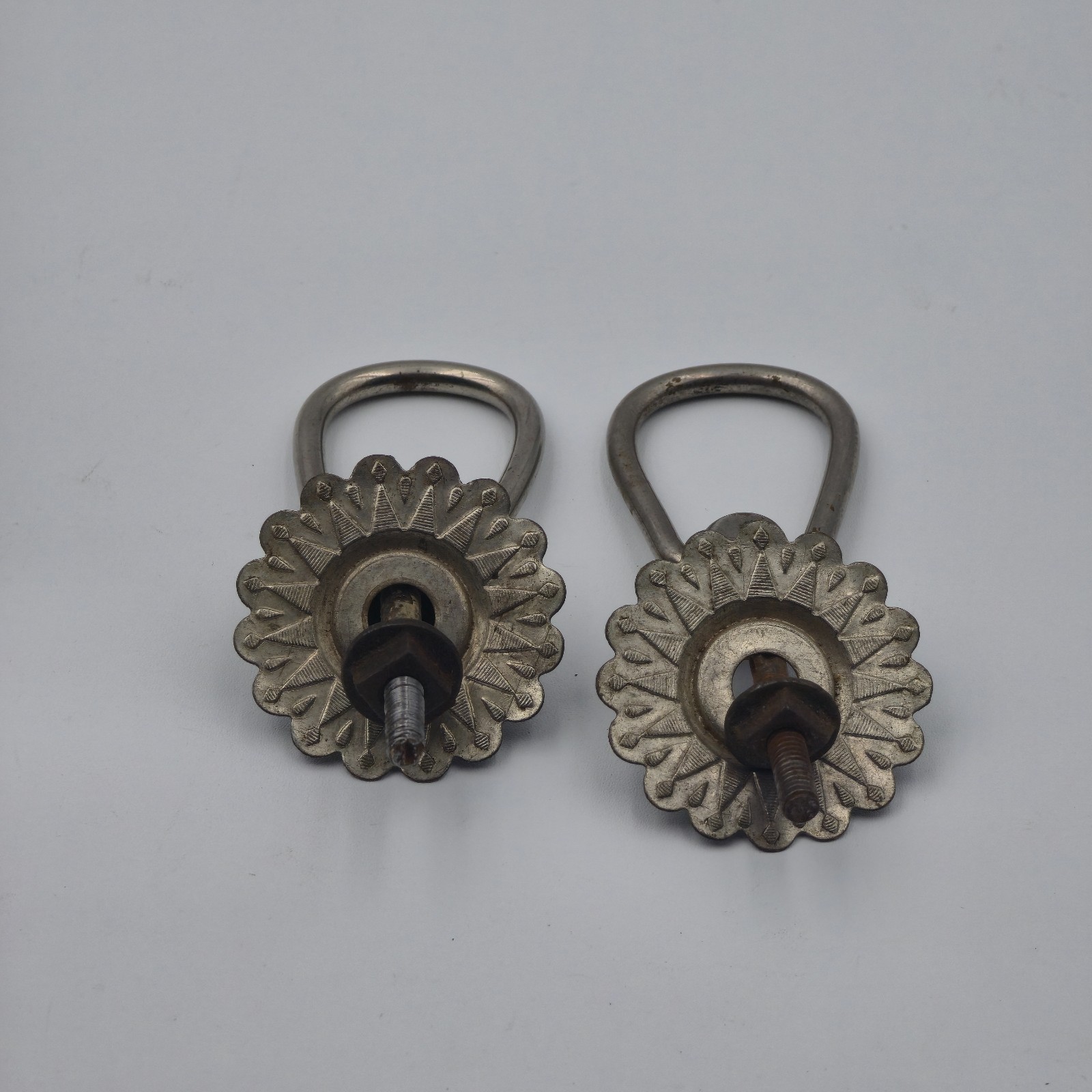 Pair Vintage Nickel-Plated Brass Drop Pulls Sunburst Backplates 2¼” Hardware