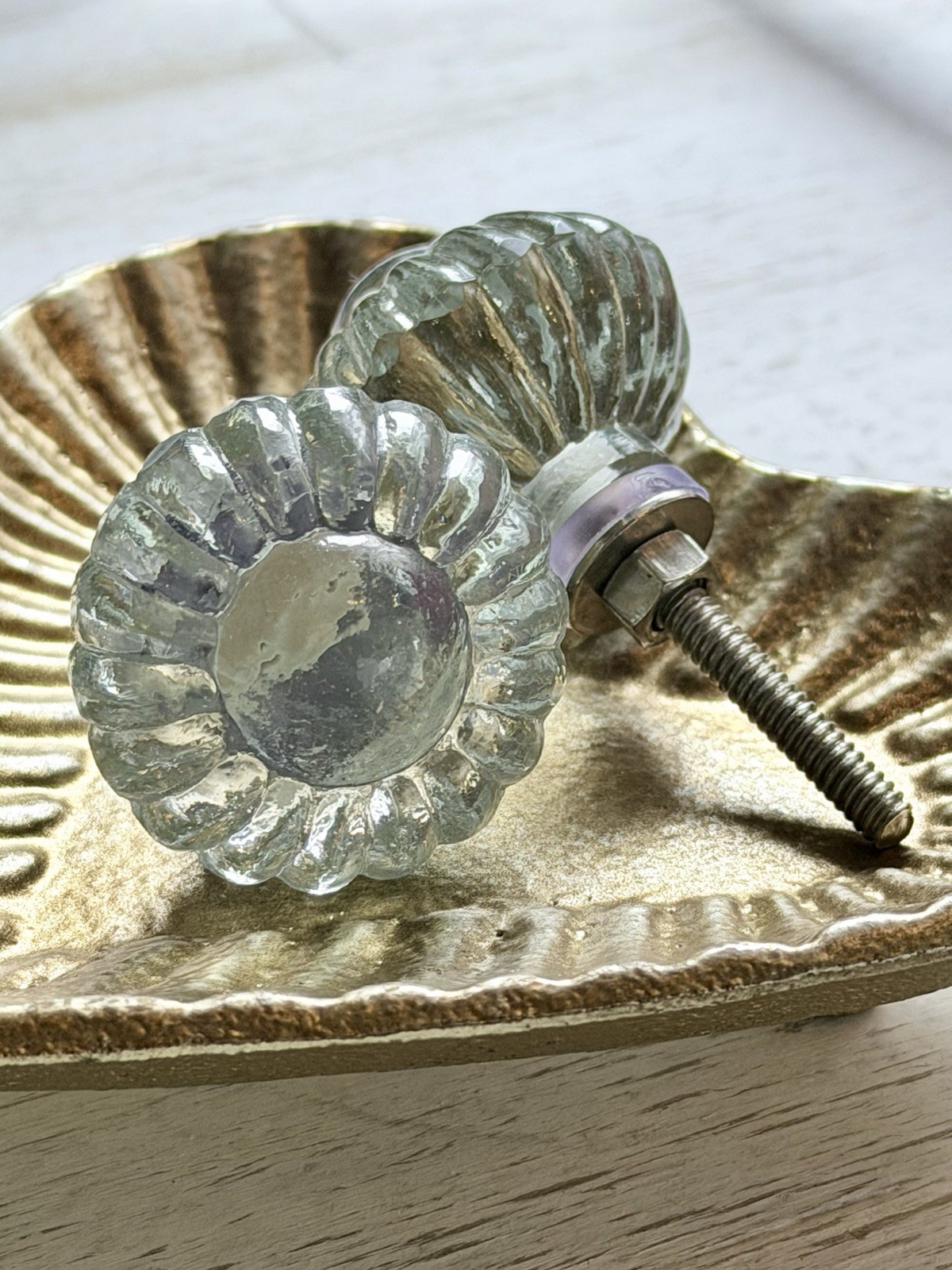 Two Vintage Glass Floral Cabinet Pulls Knobs Bathroom Kitchen Knobs Clear Glass
