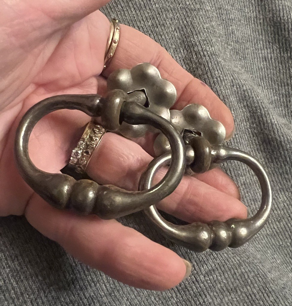 French antique Drawer Pull Drop Down Handle Victorian Nickel gunmetal silver 2”