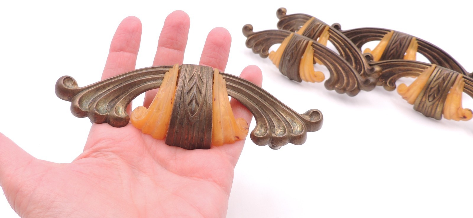 5 Art Deco Drawer Pull w/ Bakelite Vintage Knob Brasstone Waterfall Handle Set