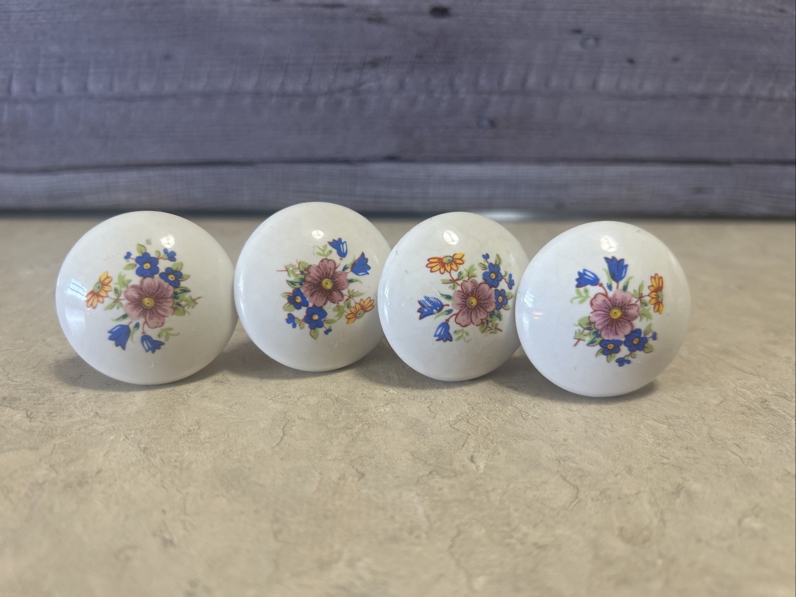 Vintage Porcelain Pulls /Knobs, White Painted Floral Design Lot of 4 with screws