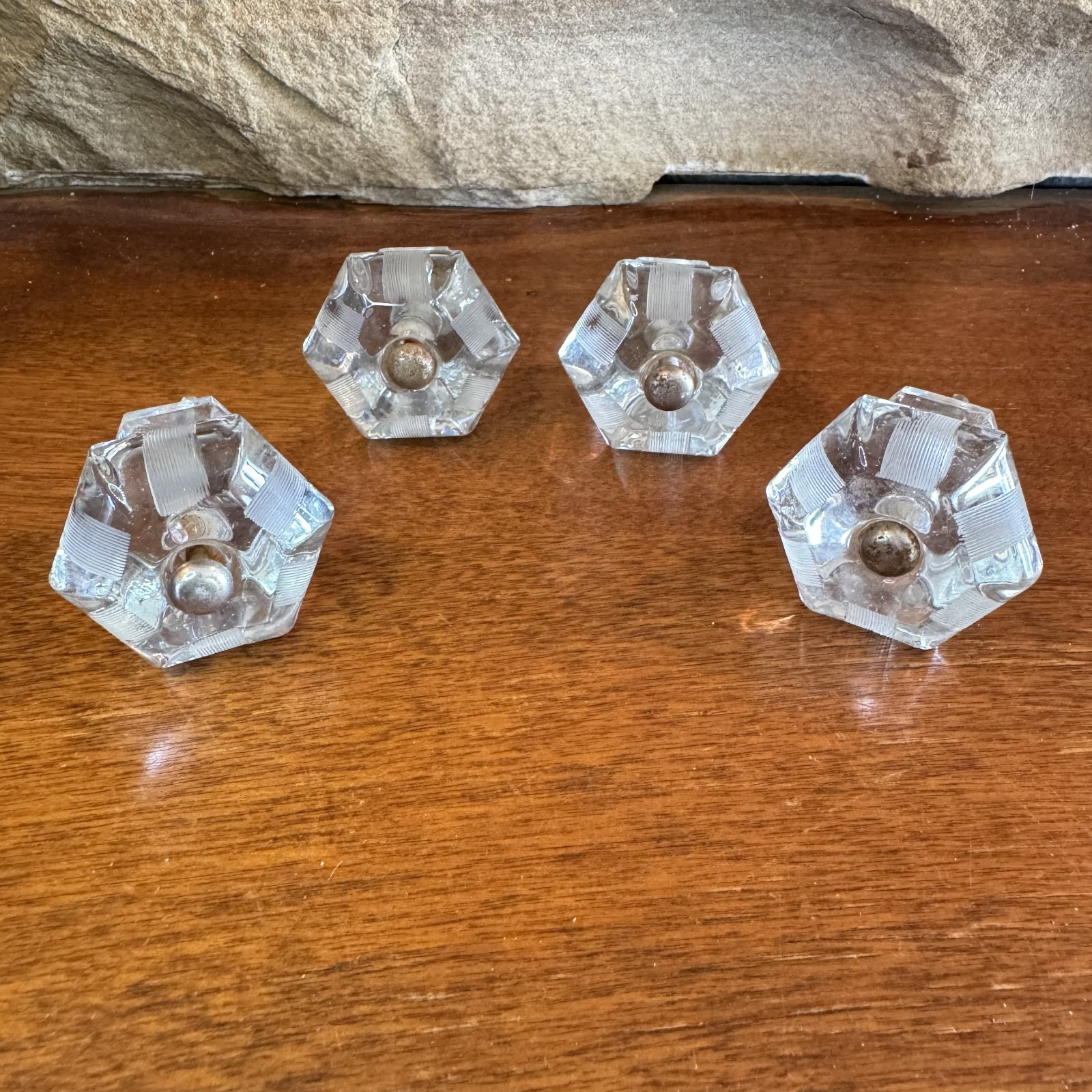 Set of 4 Vintage Hexagon Etched Lined 1.5 in. Glass Drawer Cabinet Knob