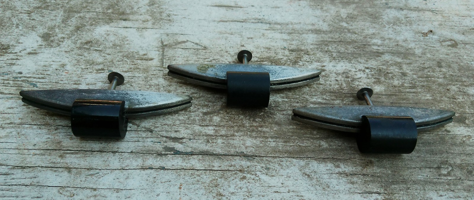 Set of 3 Vintage Metal Black Bakelite? Drawer Pulls Deco MCM