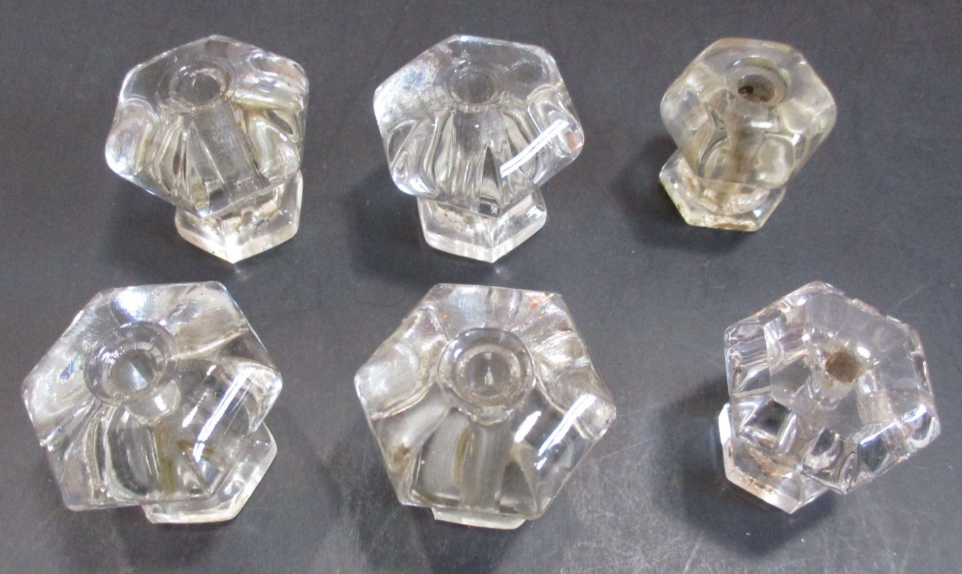 Hexagonal Clear Glass Drawer Knobs 6 Sided Dresser or Cabinet Pulls Salvage 6 PC