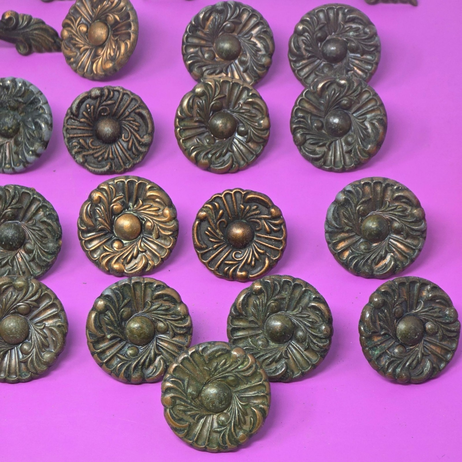 Set Of Vintage Brass Drawer Knobs & 6 Handles With Ornate Floral Design