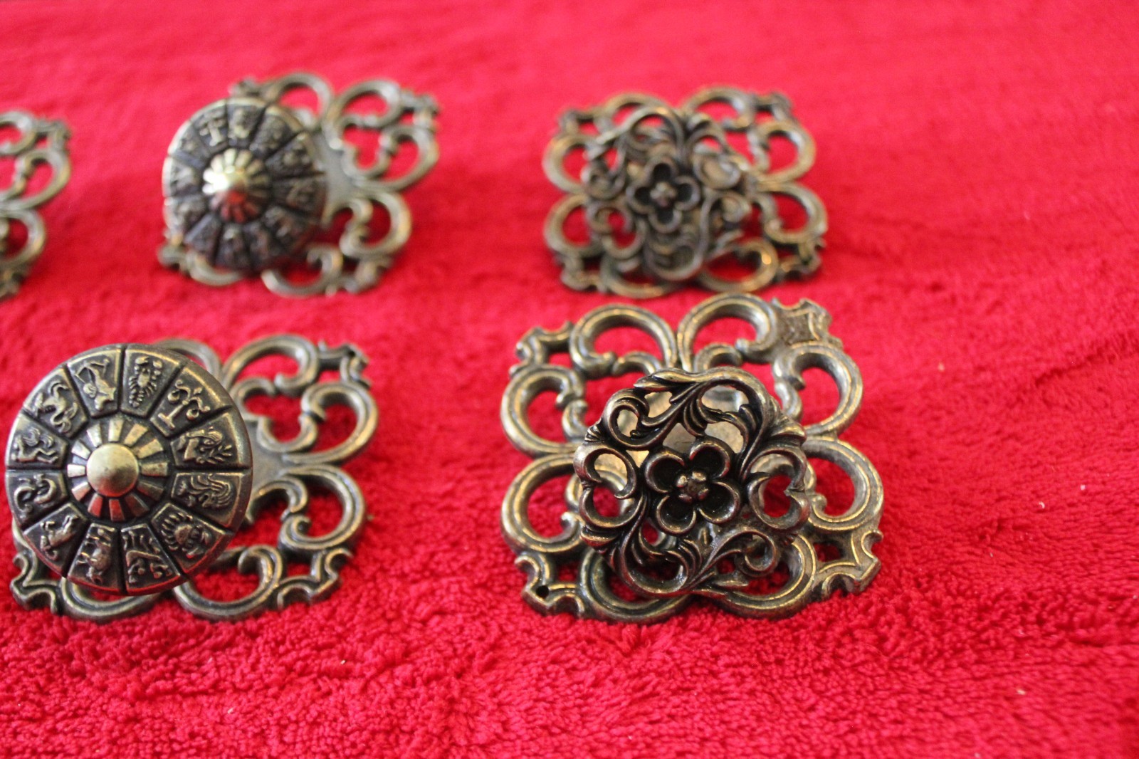 Six Mid Century Ajax Drawer Pulls and Back Plates Two are Zodiak Pulls