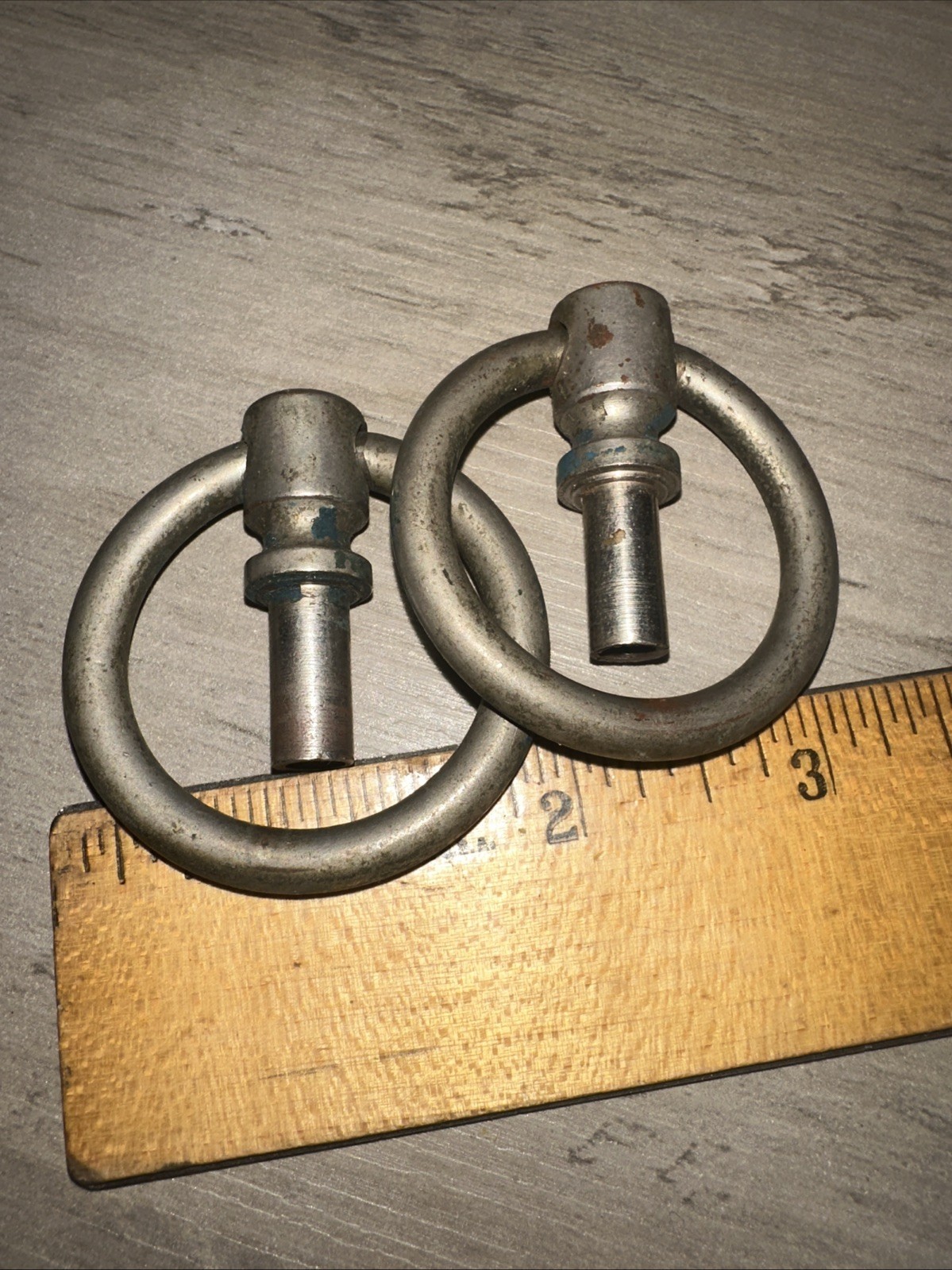 2 Round Drawer Pulls Nickel Brass Drop Handles Nice Patina!