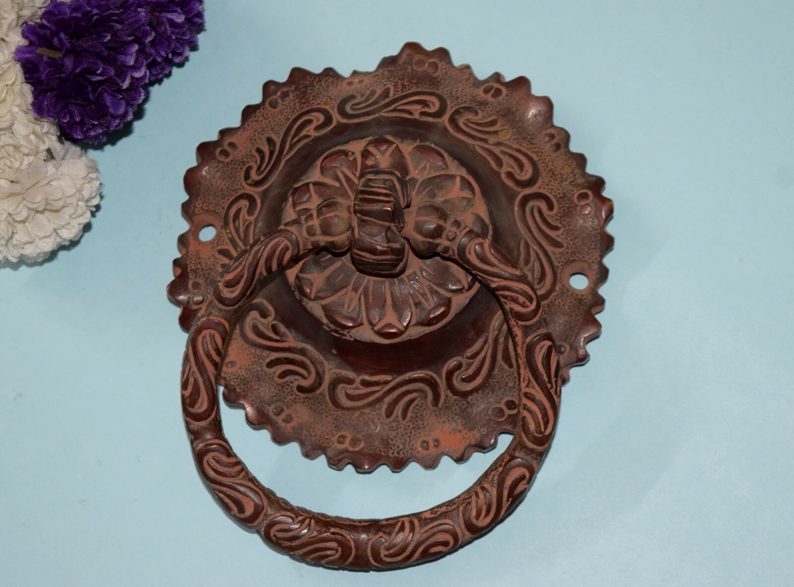 Brass Floral Engraved Door Pull Ornate Design Flower Base Art Gate Knocker EK951