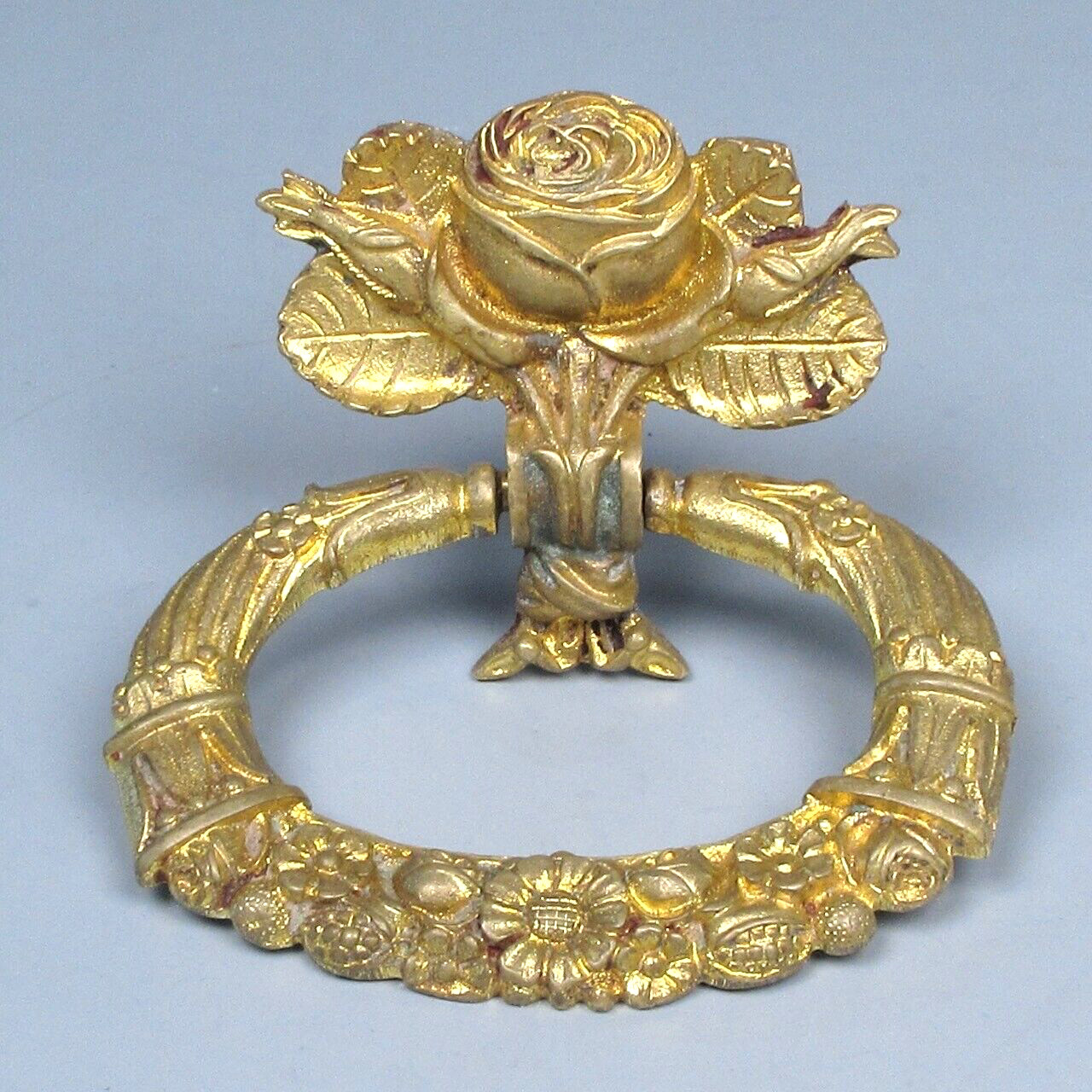 Antique French Gilded Bronze Drawer Pull, Flowers, Roses, Cornucopia